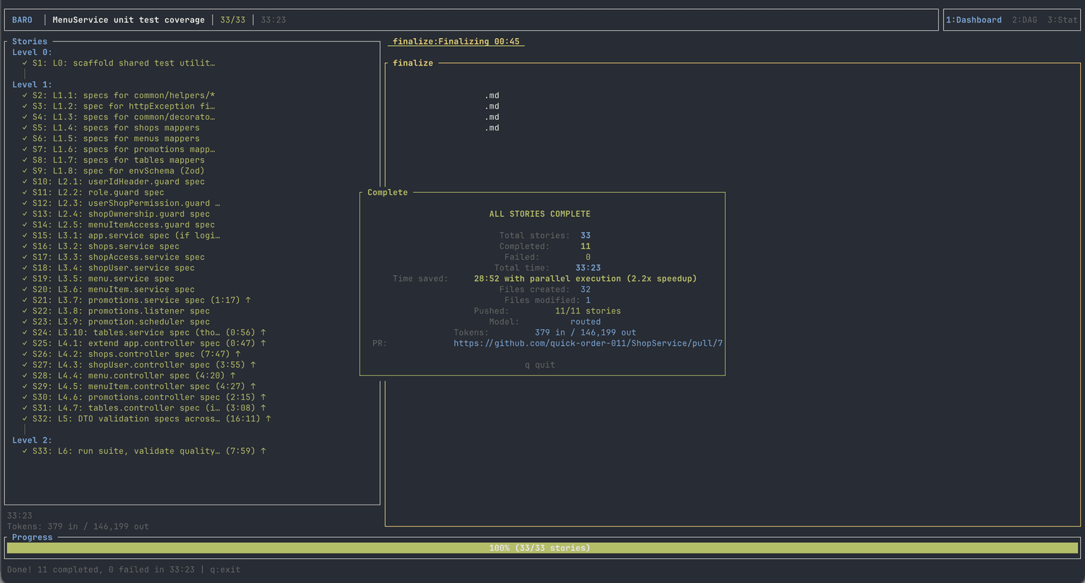 baro architect and planner phase output decomposing a goal into a story DAG