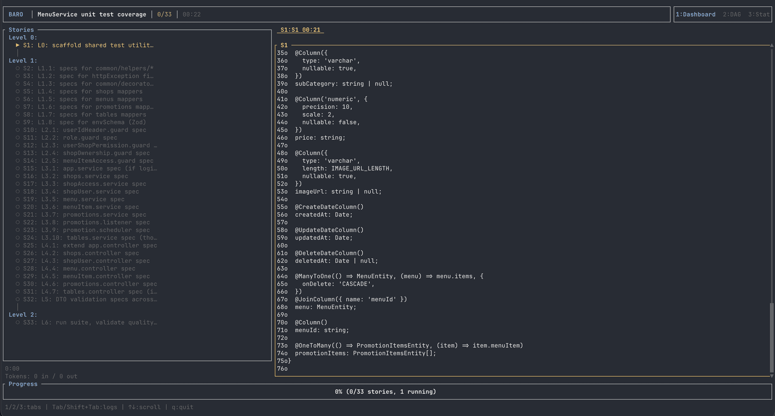 baro terminal UI showing concurrent story agents executing in parallel