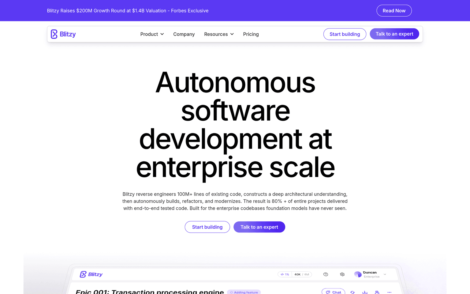 Blitzy website homepage screenshot showing the product