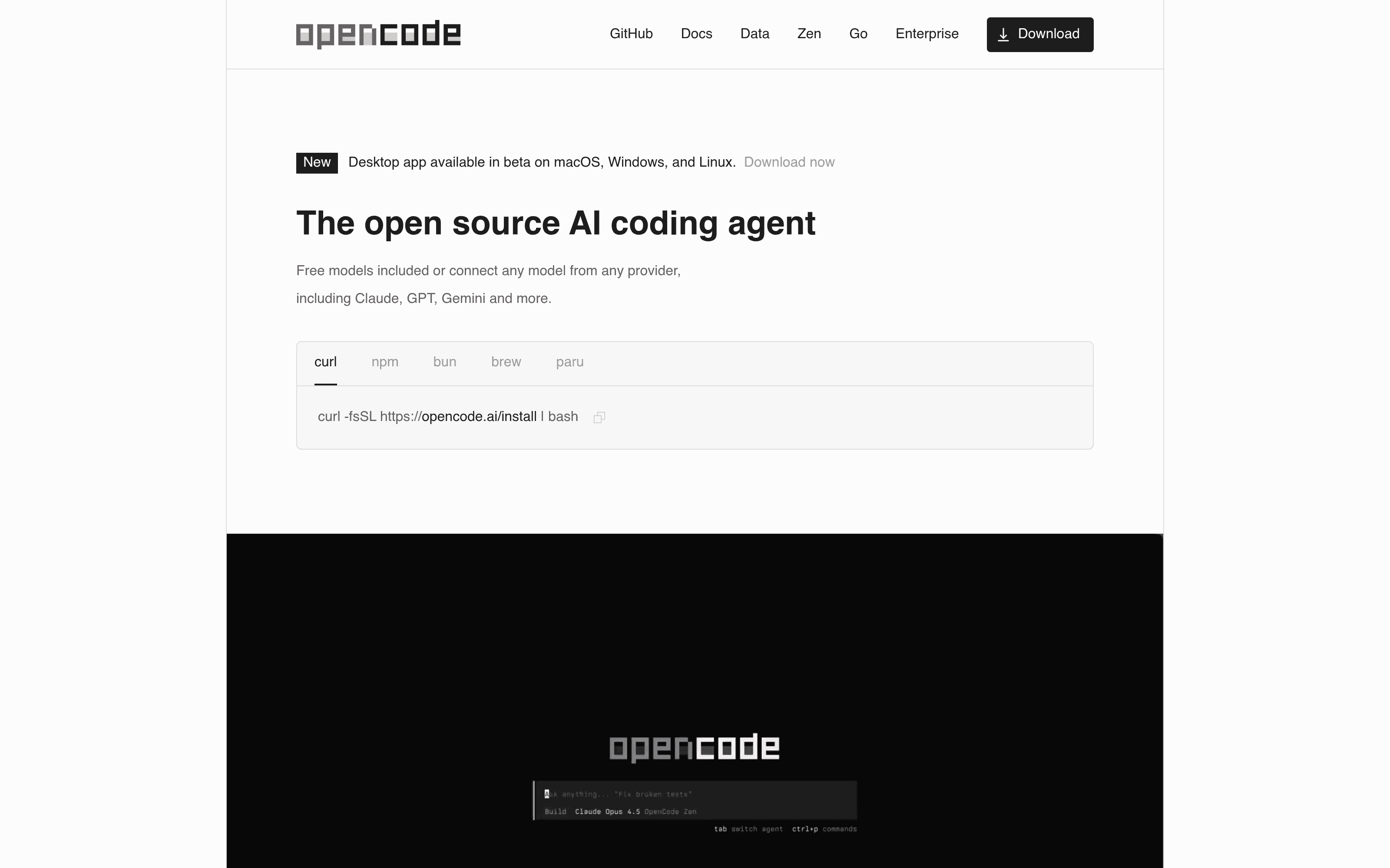OpenCode website homepage screenshot showing the product