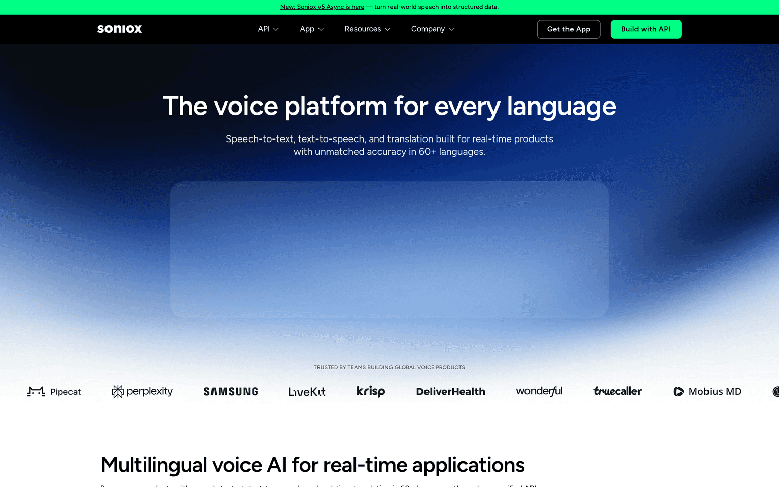 Soniox website homepage screenshot showing the product