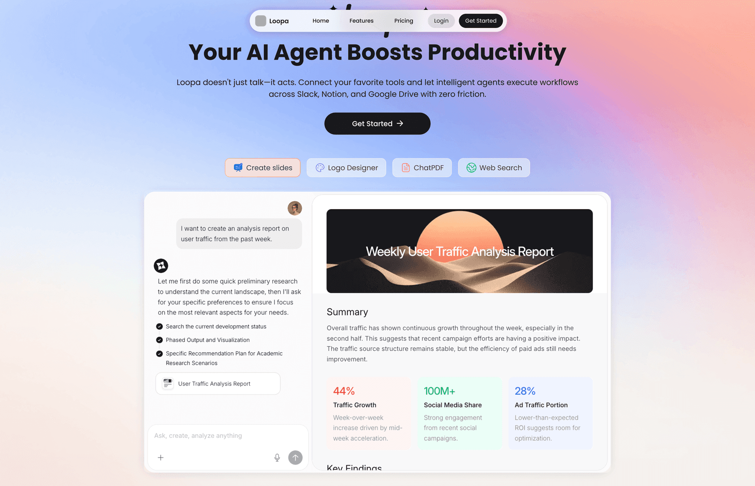 Loopa homepage showing an AI agent compiling a weekly traffic analysis report