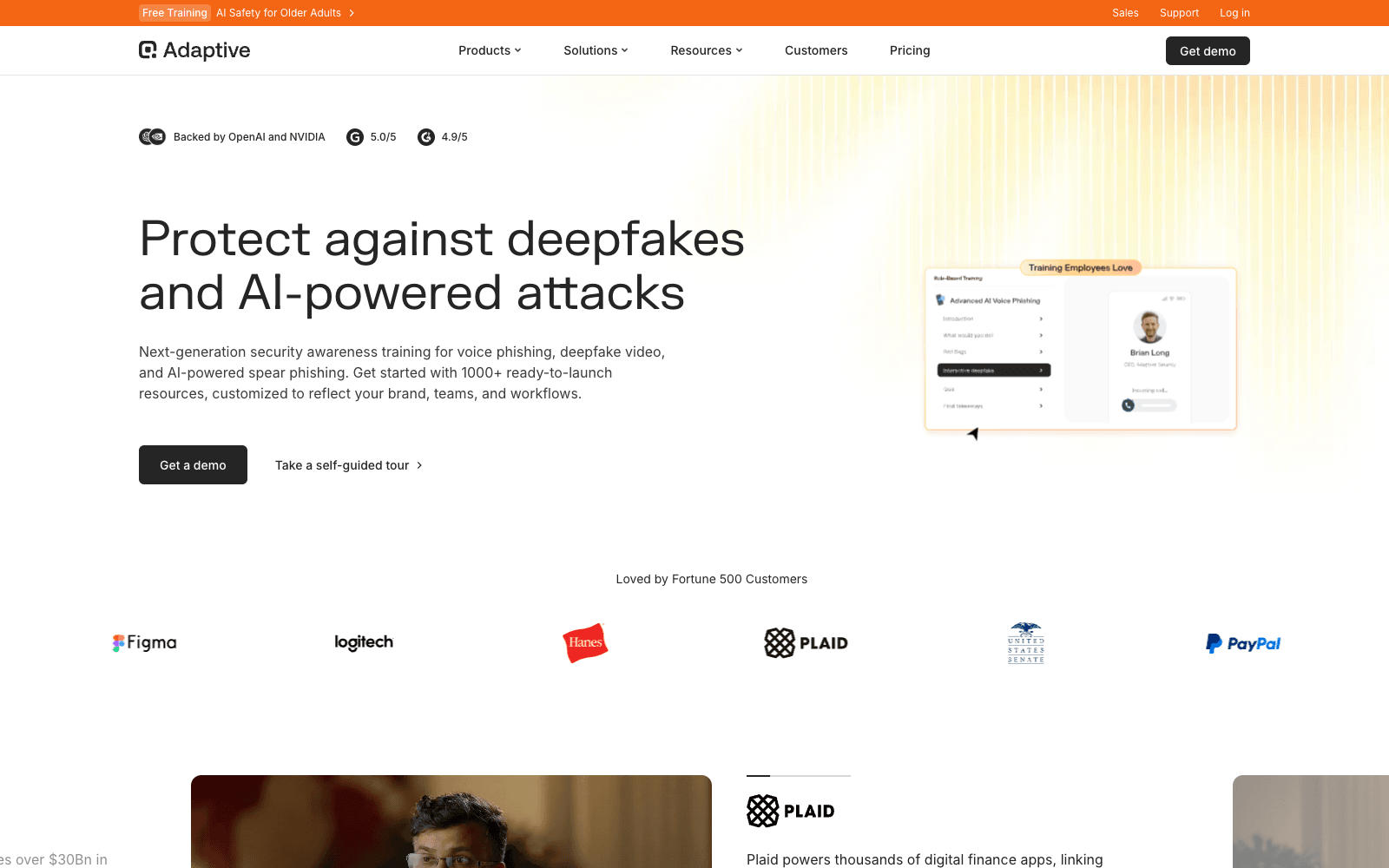Adaptive Security product homepage screenshot showing the interface and branding