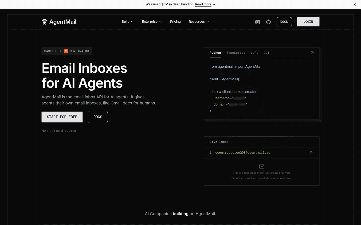 AgentMail product interface dashboard screenshot homepage view