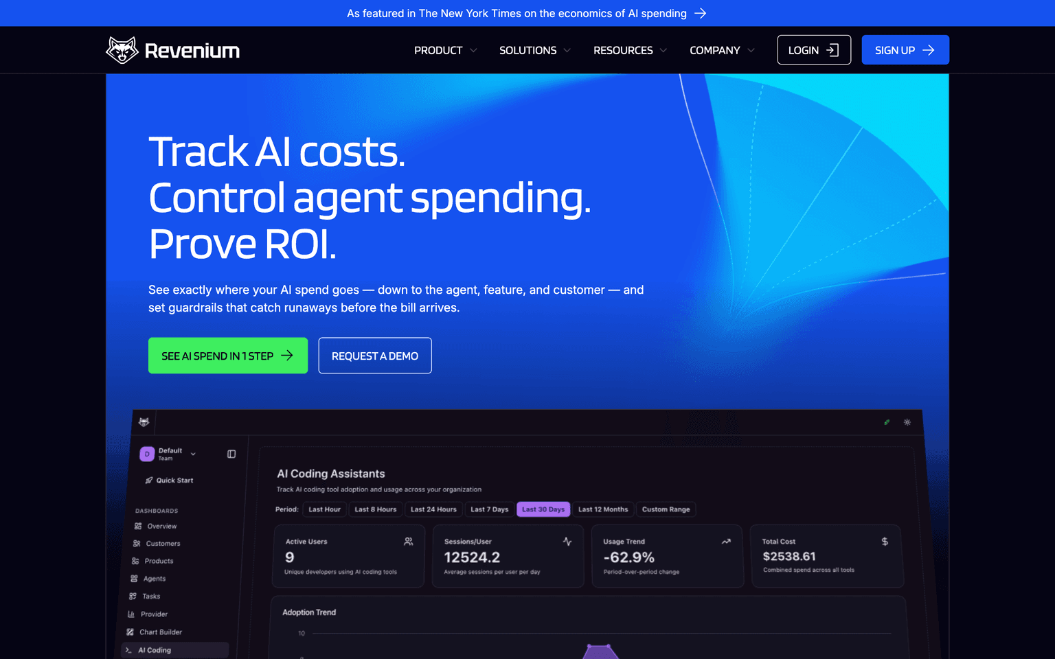Revenium landing page showing real-time AI cost attribution and economics across models and agents