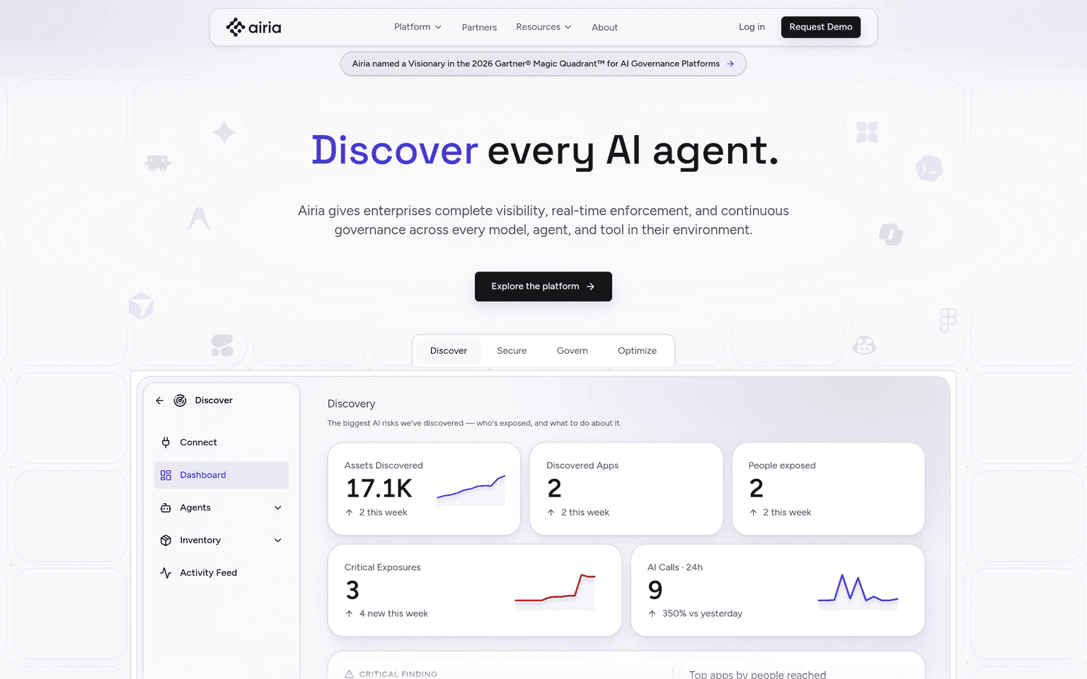 Airia product interface dashboard screenshot homepage view