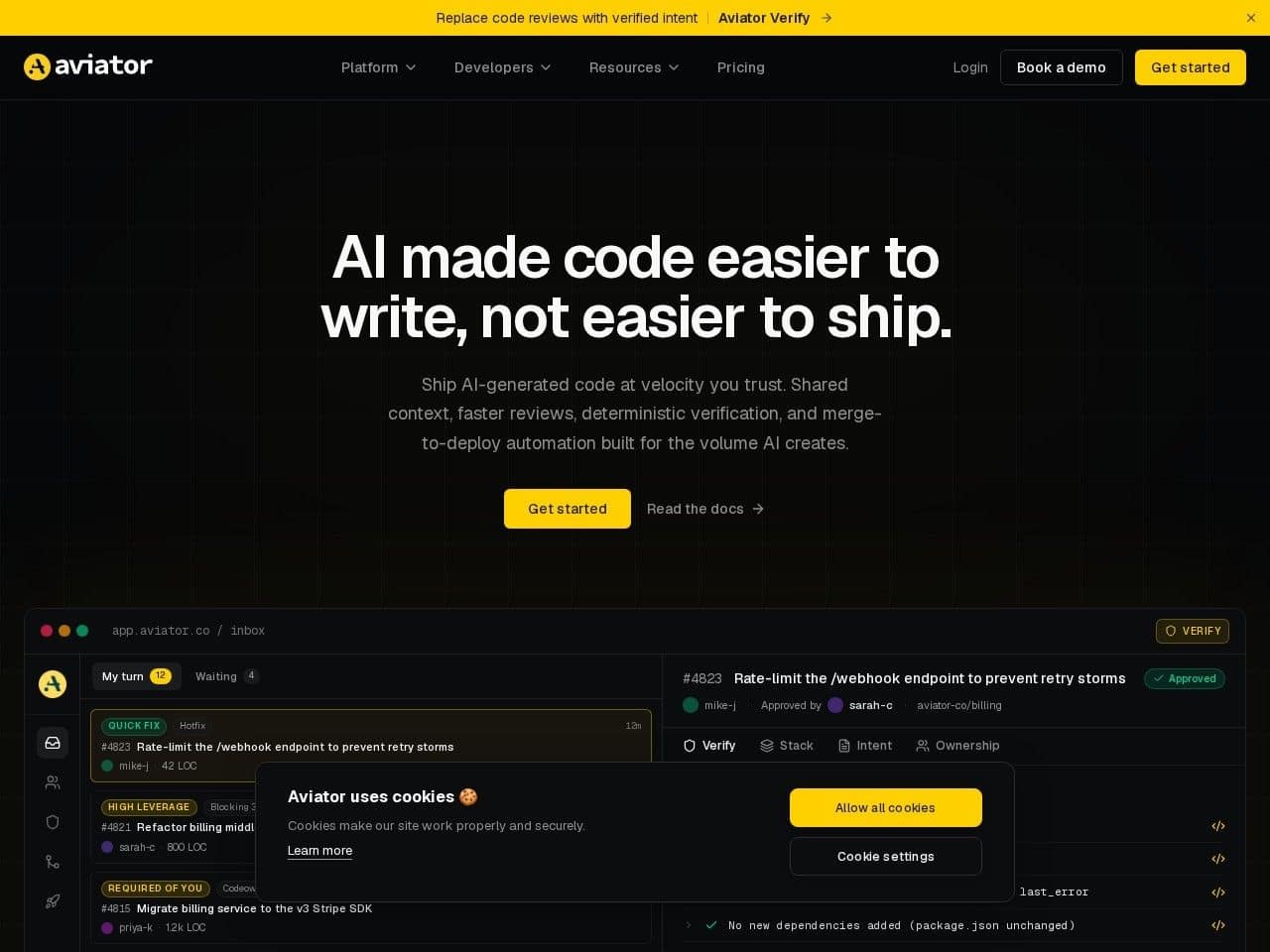 Aviator product interface dashboard screenshot homepage view