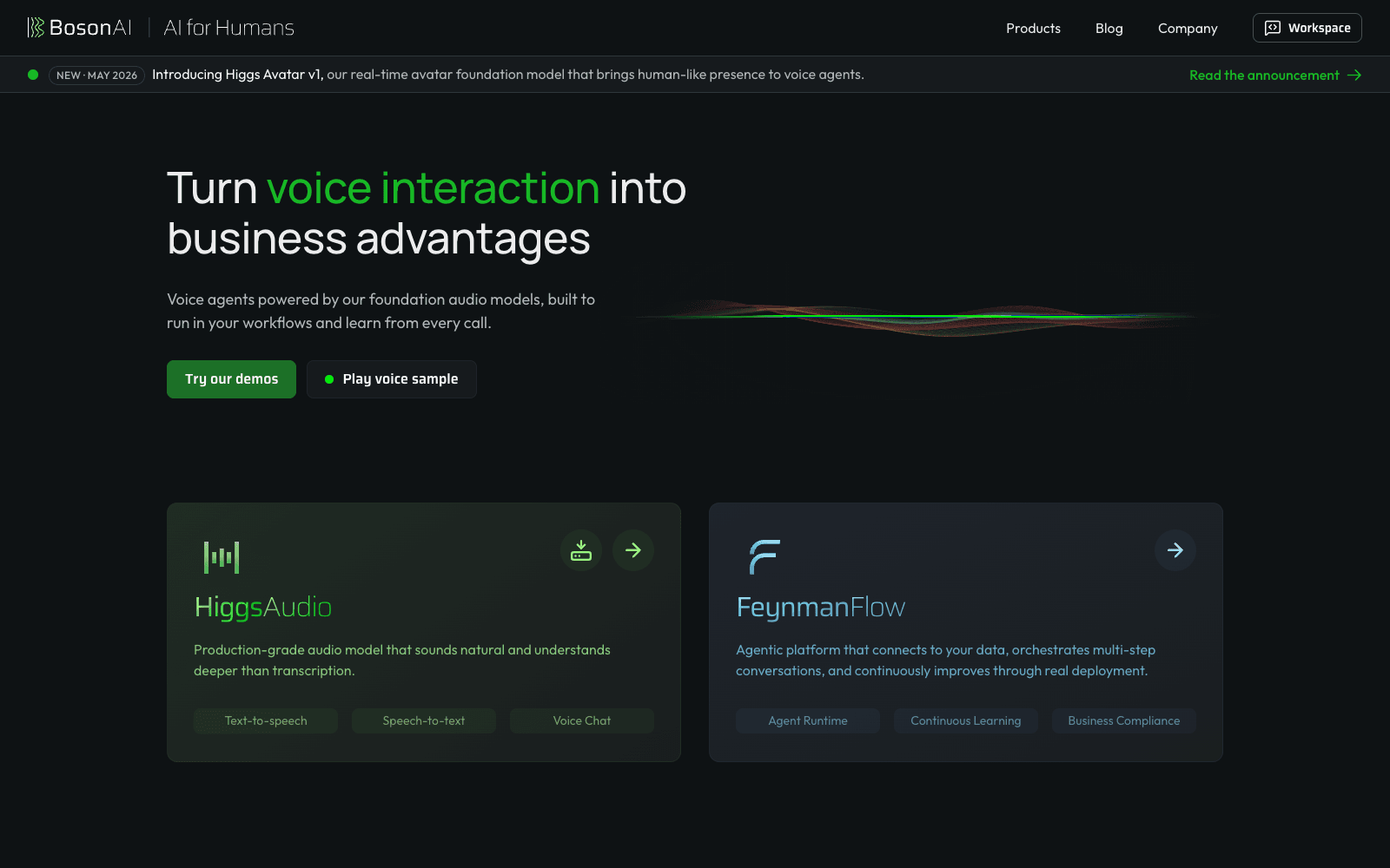 Boson AI product homepage screenshot showing the interface and branding