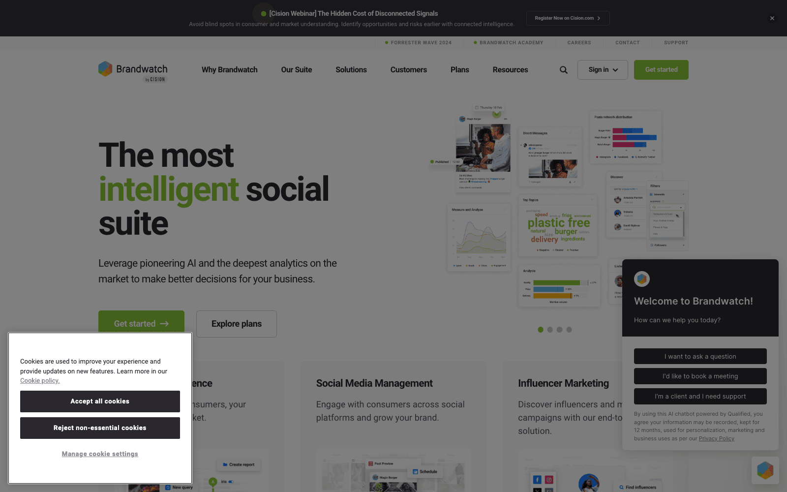 Brandwatch homepage screenshot showing the product interface and branding