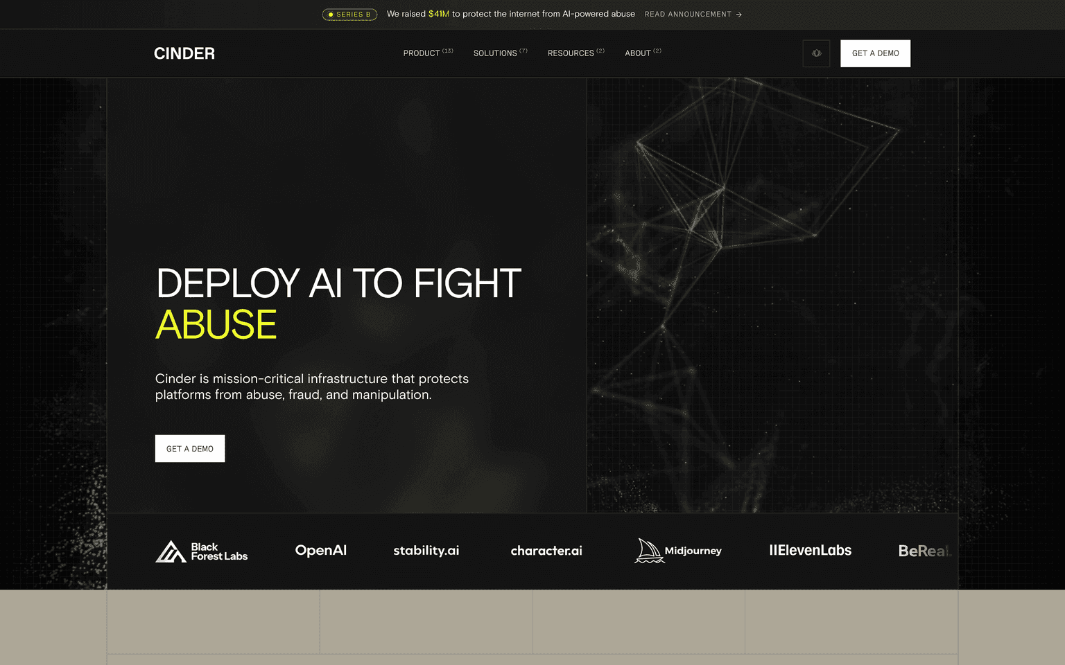 Cinder product interface dashboard screenshot homepage view