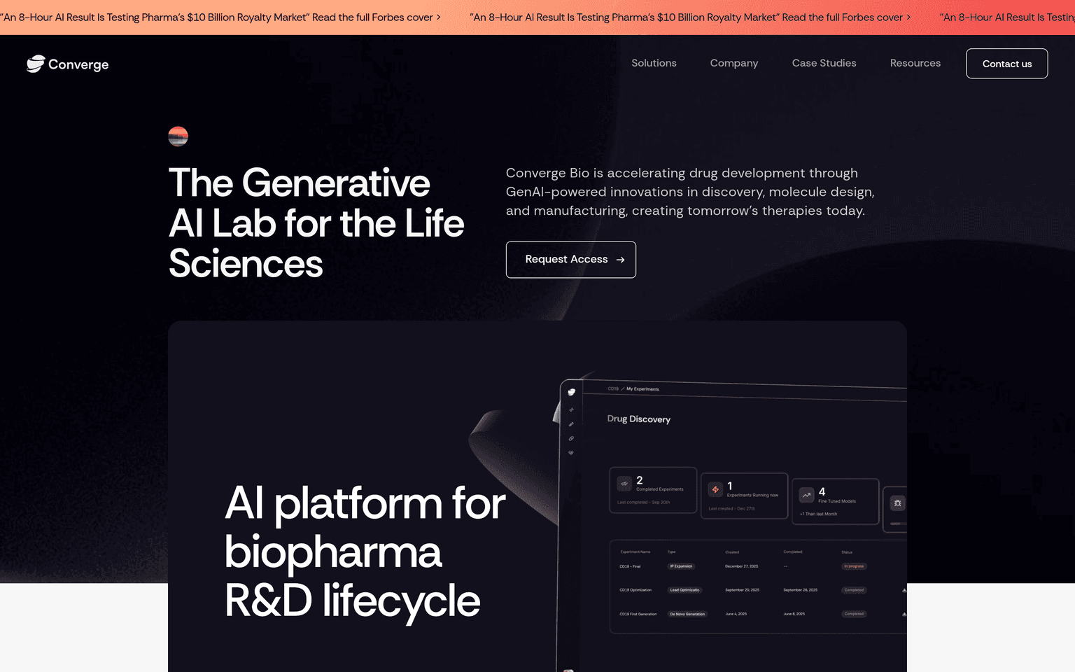 Converge Bio product interface dashboard screenshot homepage view