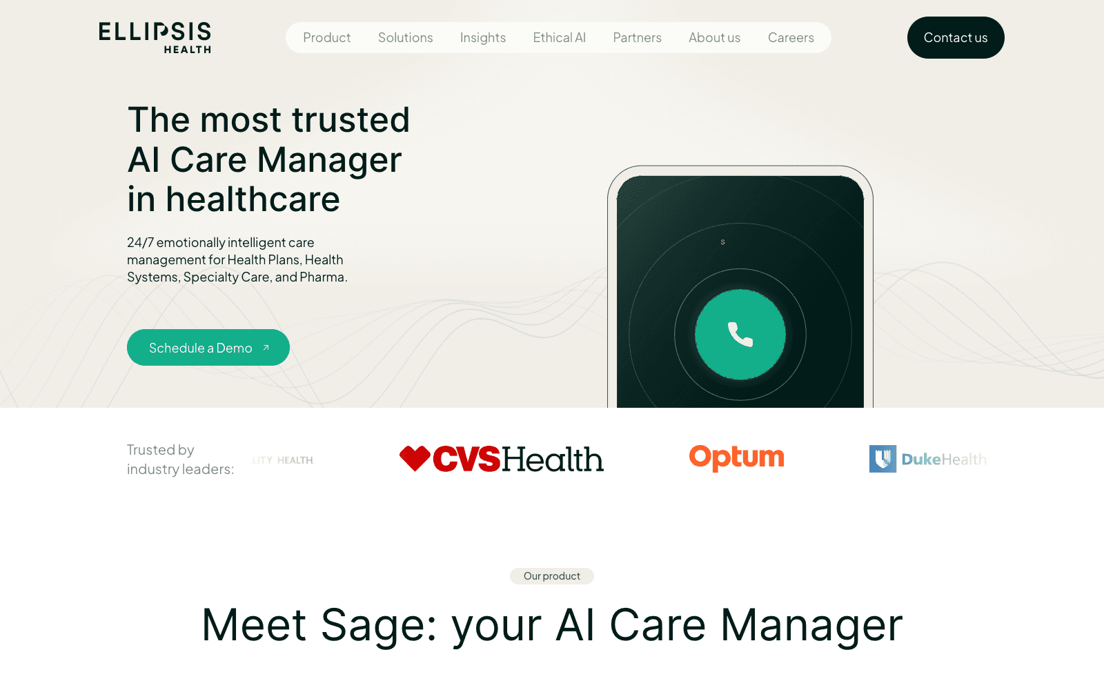Ellipsis Health product homepage screenshot showing the interface and branding