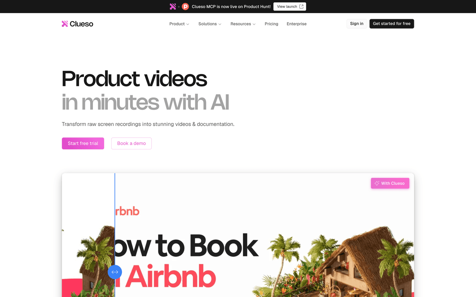 Clueso homepage showing screen recordings turned into product videos and documentation