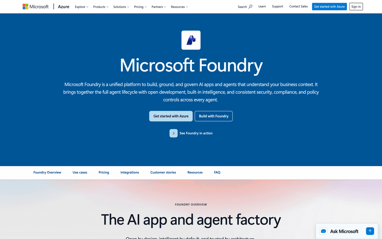 Microsoft Foundry product page showing the enterprise platform for AI apps and agents