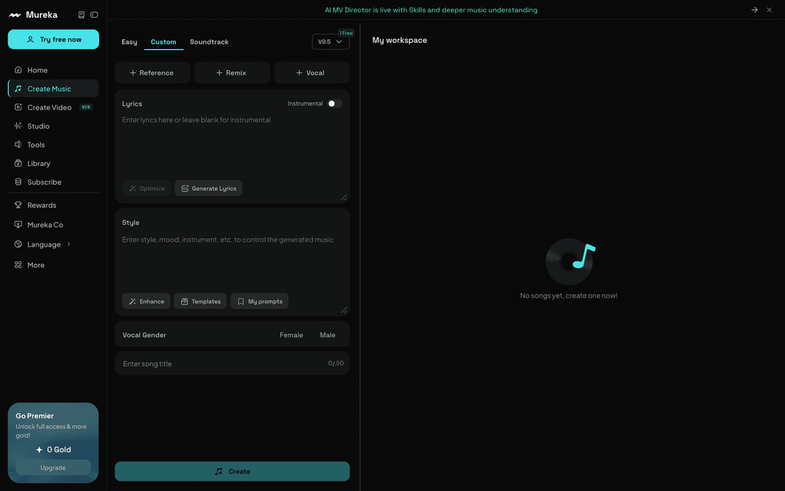 Mureka homepage showing its AI music generator creating full songs from prompts