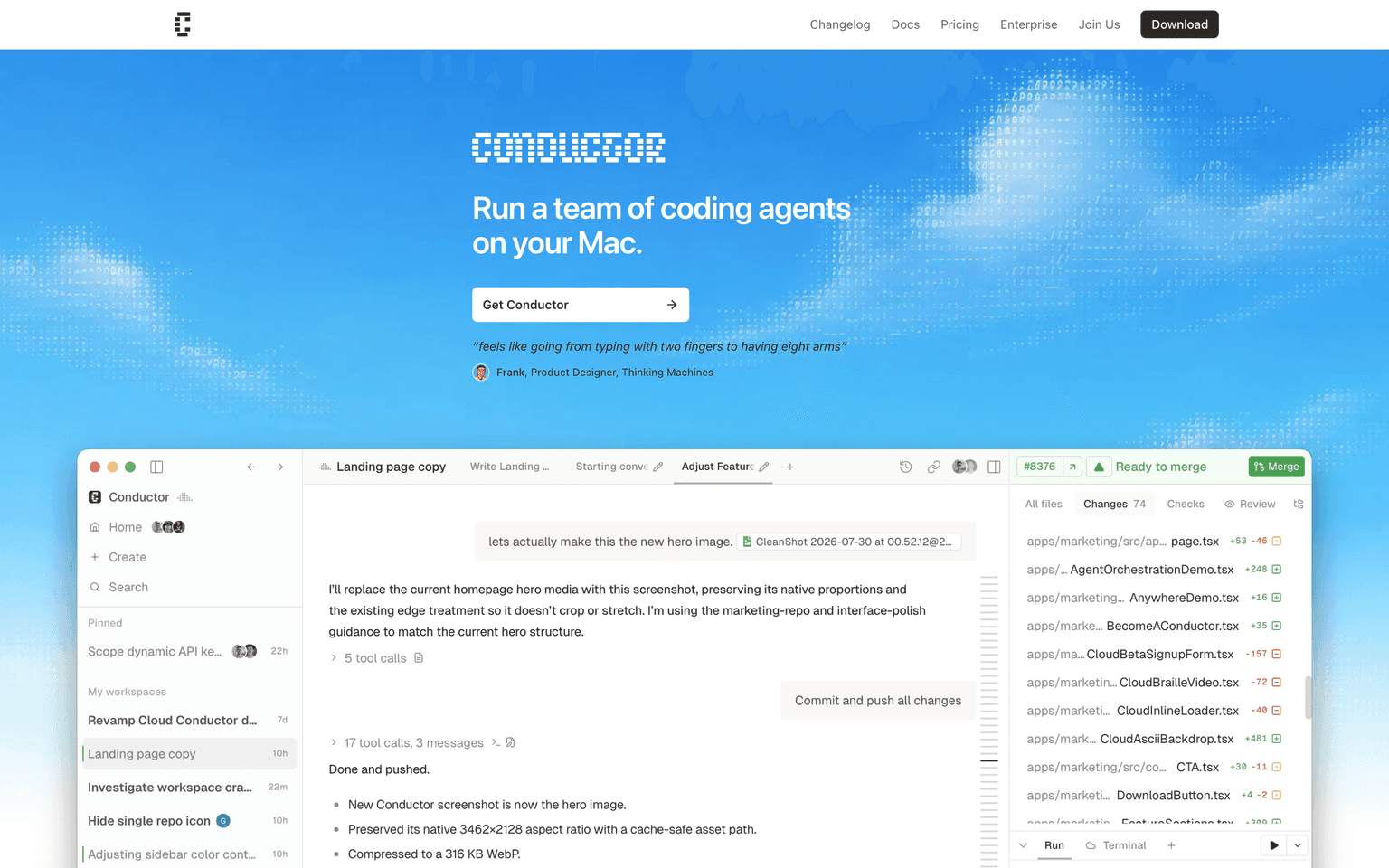 Conductor homepage showing parallel Claude Code and Codex agents in isolated Mac workspaces