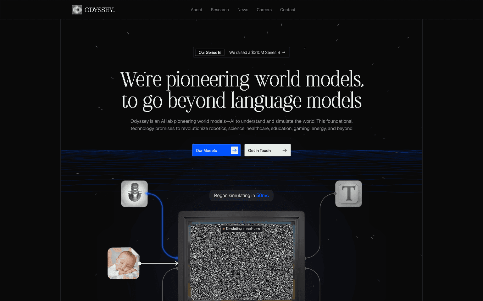 Odyssey homepage showing interactive world model simulations generated from prompts