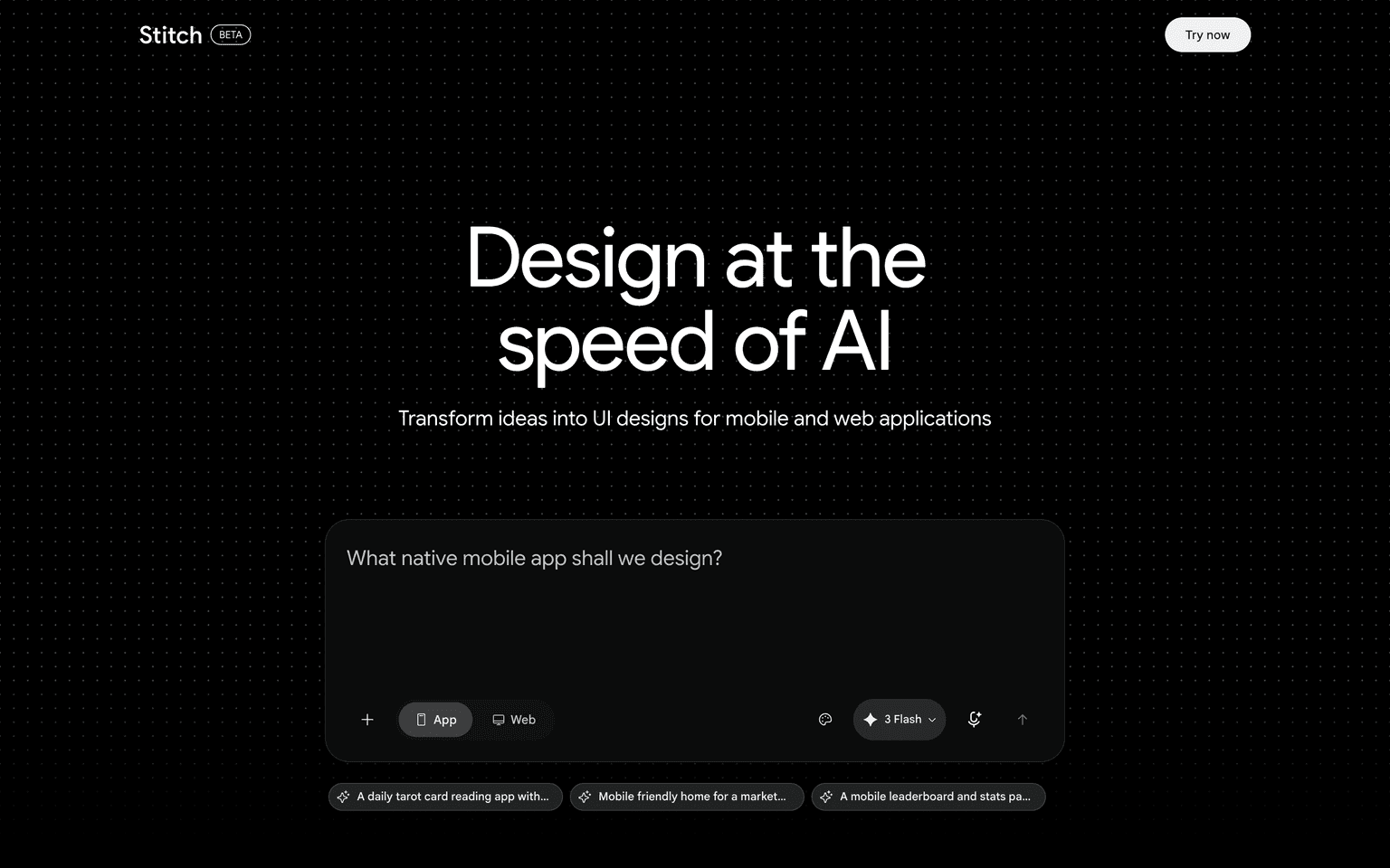 Google Stitch homepage showing the AI design canvas that turns prompts into user interfaces