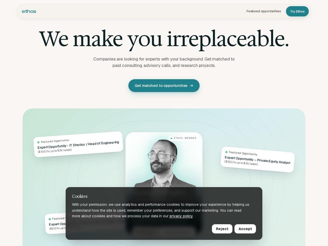 Ethos product interface dashboard screenshot homepage view