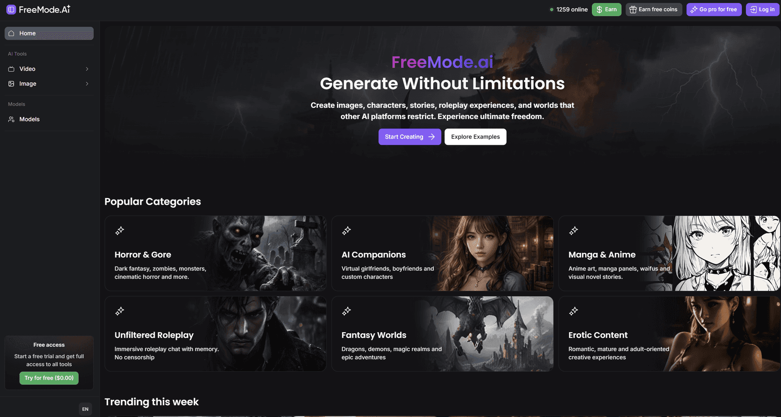 FreeMode.ai home screen listing its AI image and video generation categories