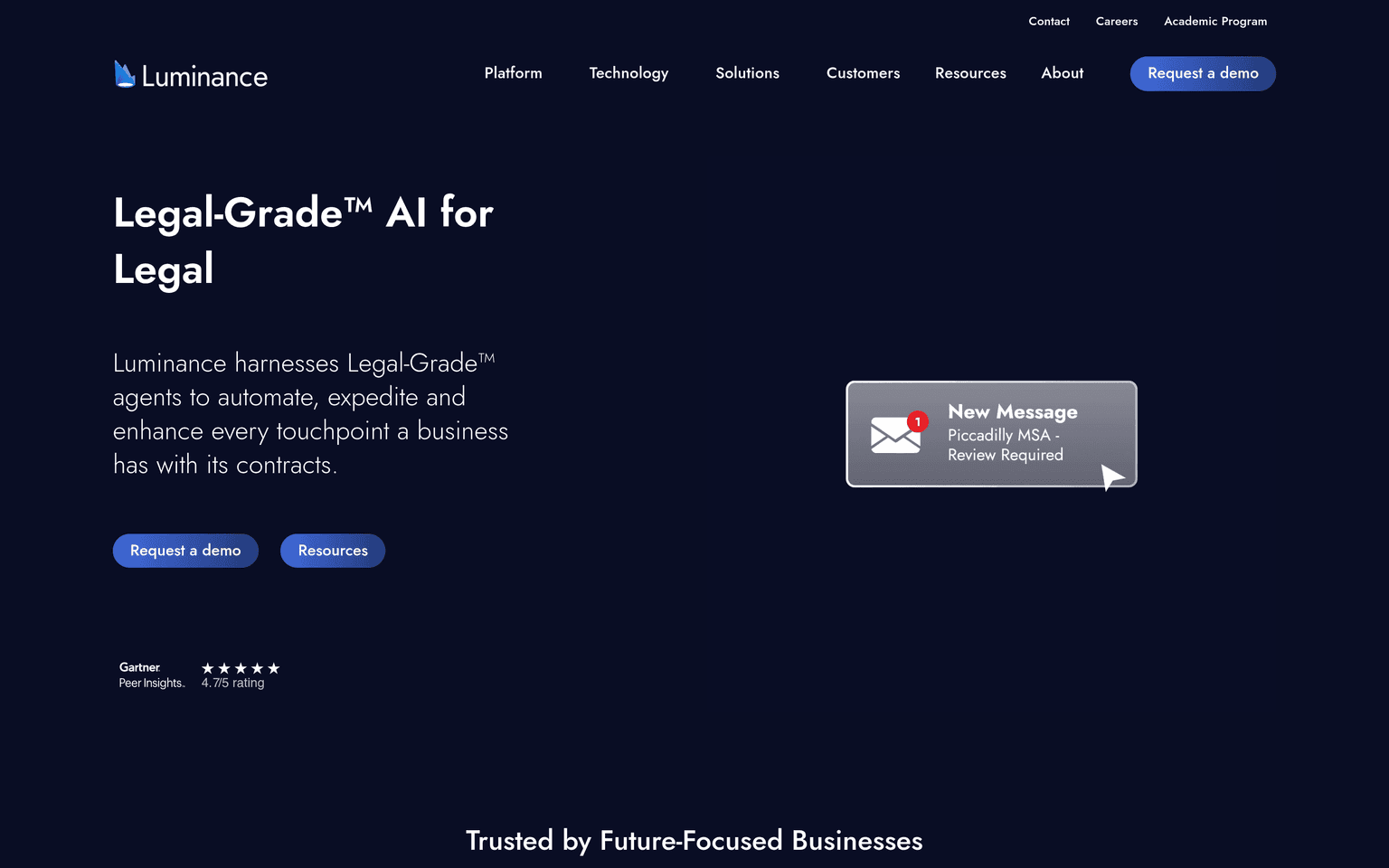 Luminance homepage presenting its contract drafting negotiation and analysis products
