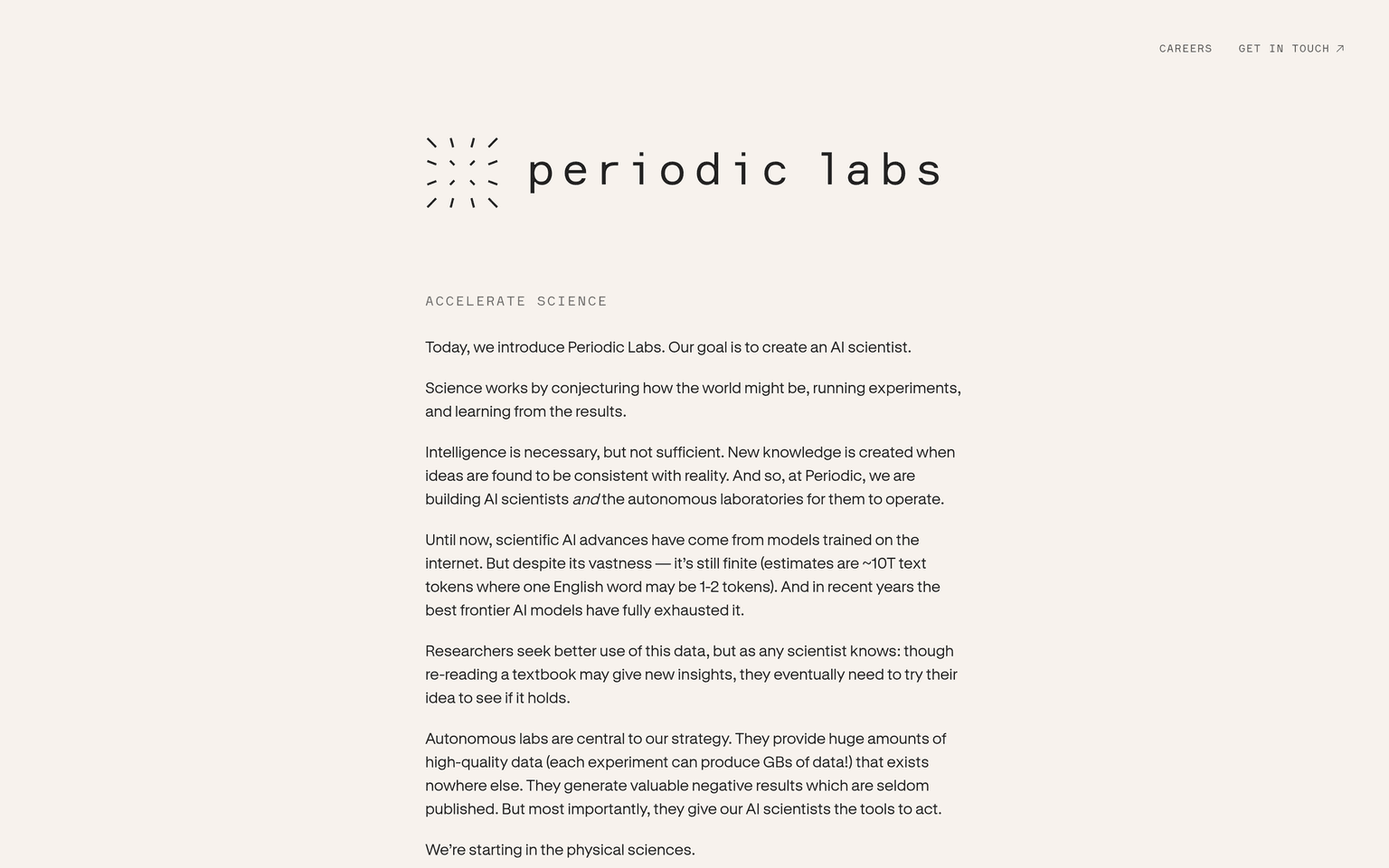 Periodic Labs homepage describing AI scientists running autonomous physical experiments