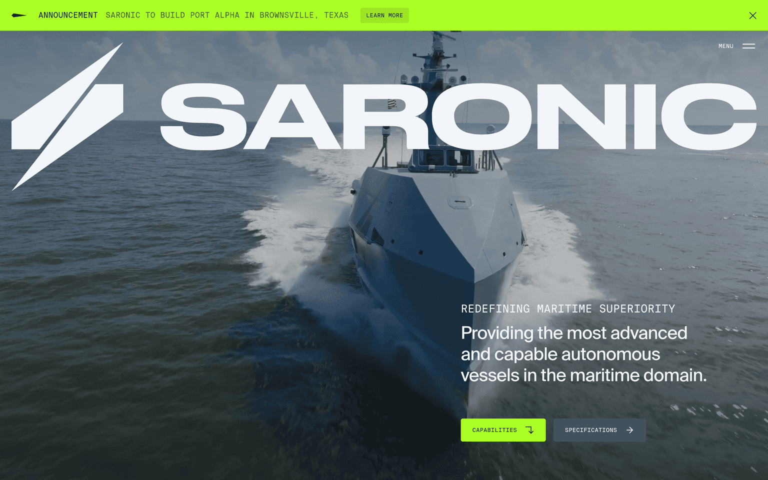 Saronic homepage showing autonomous surface vessels for maritime defense operations