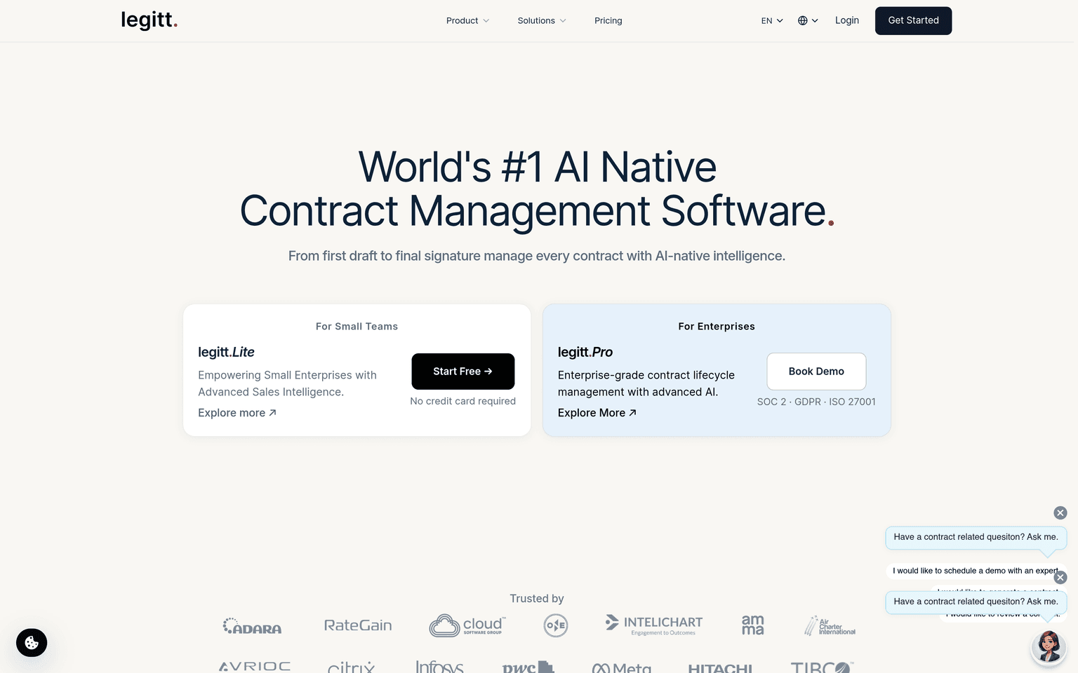 Legitt AI CLM Tools product landing page screenshot showing the main interface and primary call to action