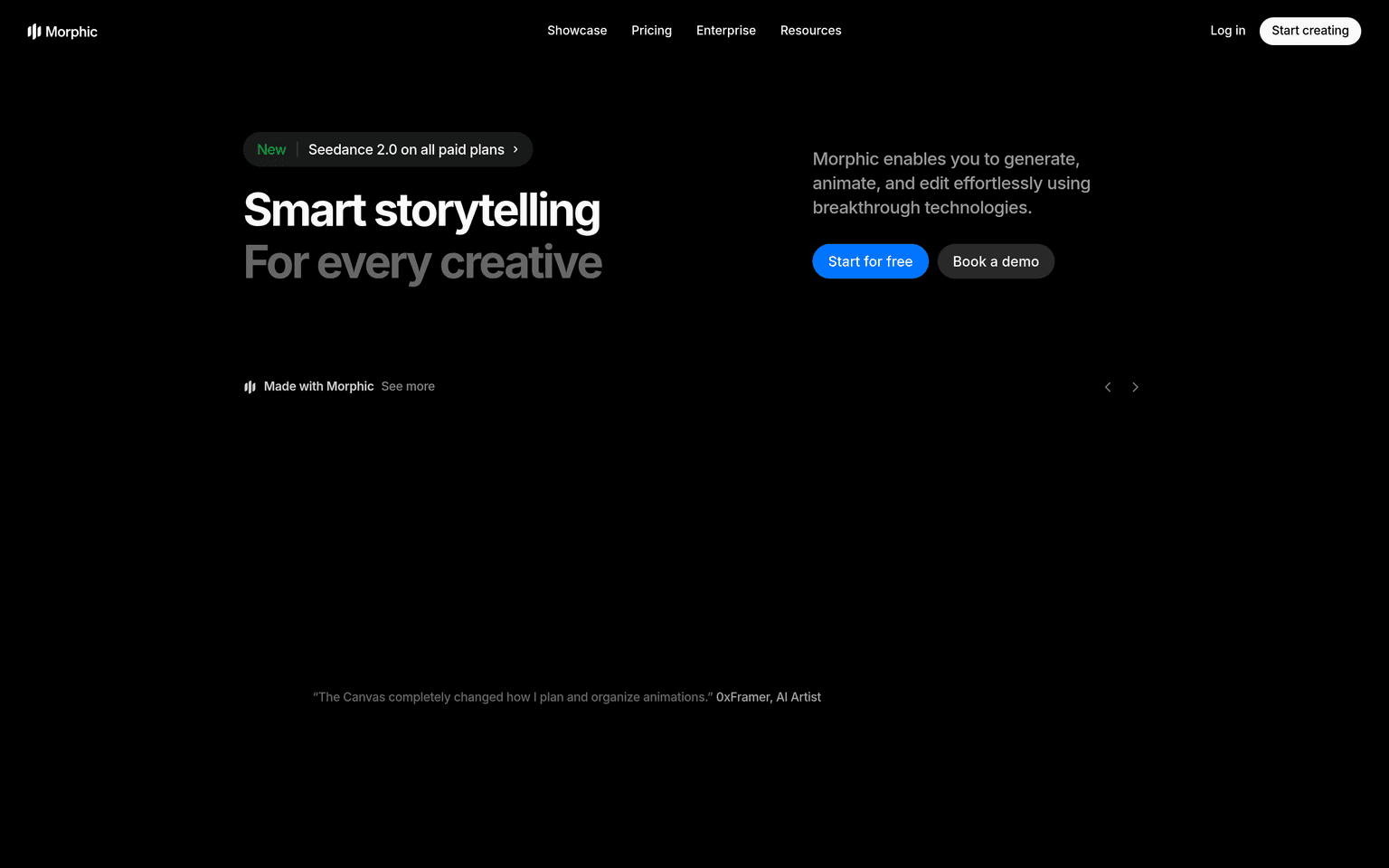 Morphic product landing page screenshot showing the main interface and primary call to action