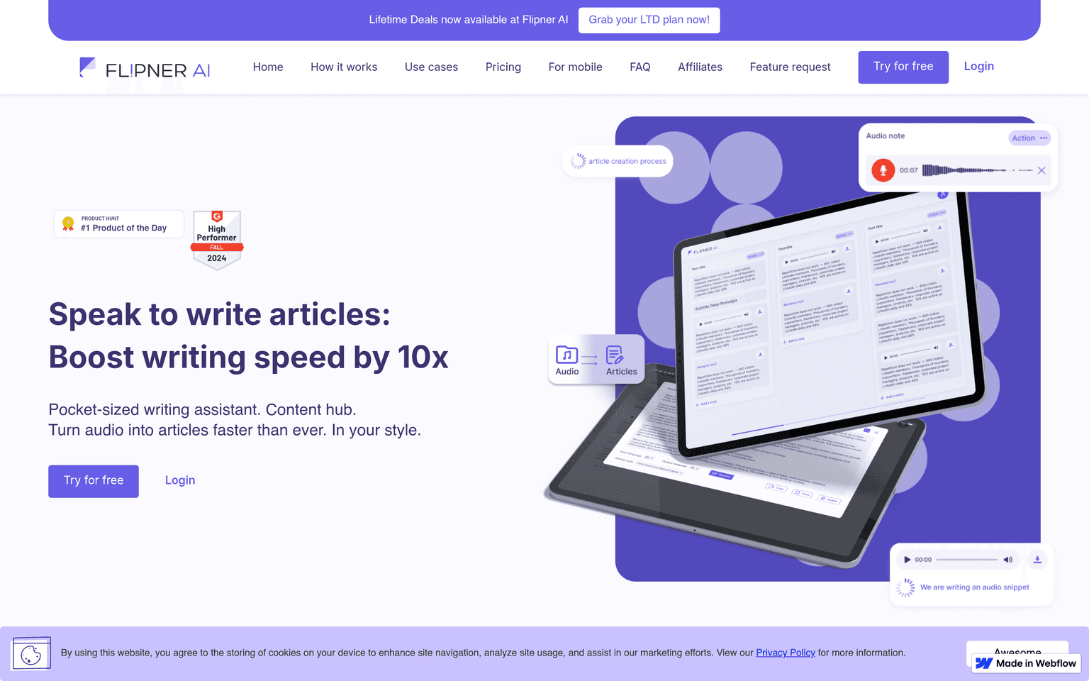 Flipner AI product landing page screenshot showing the main interface and primary call to action