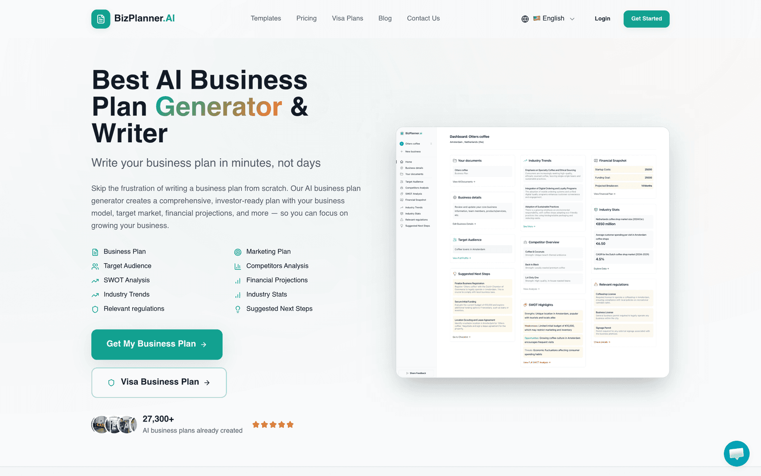 BizPlanner AI product landing page screenshot showing the main interface and primary call to action
