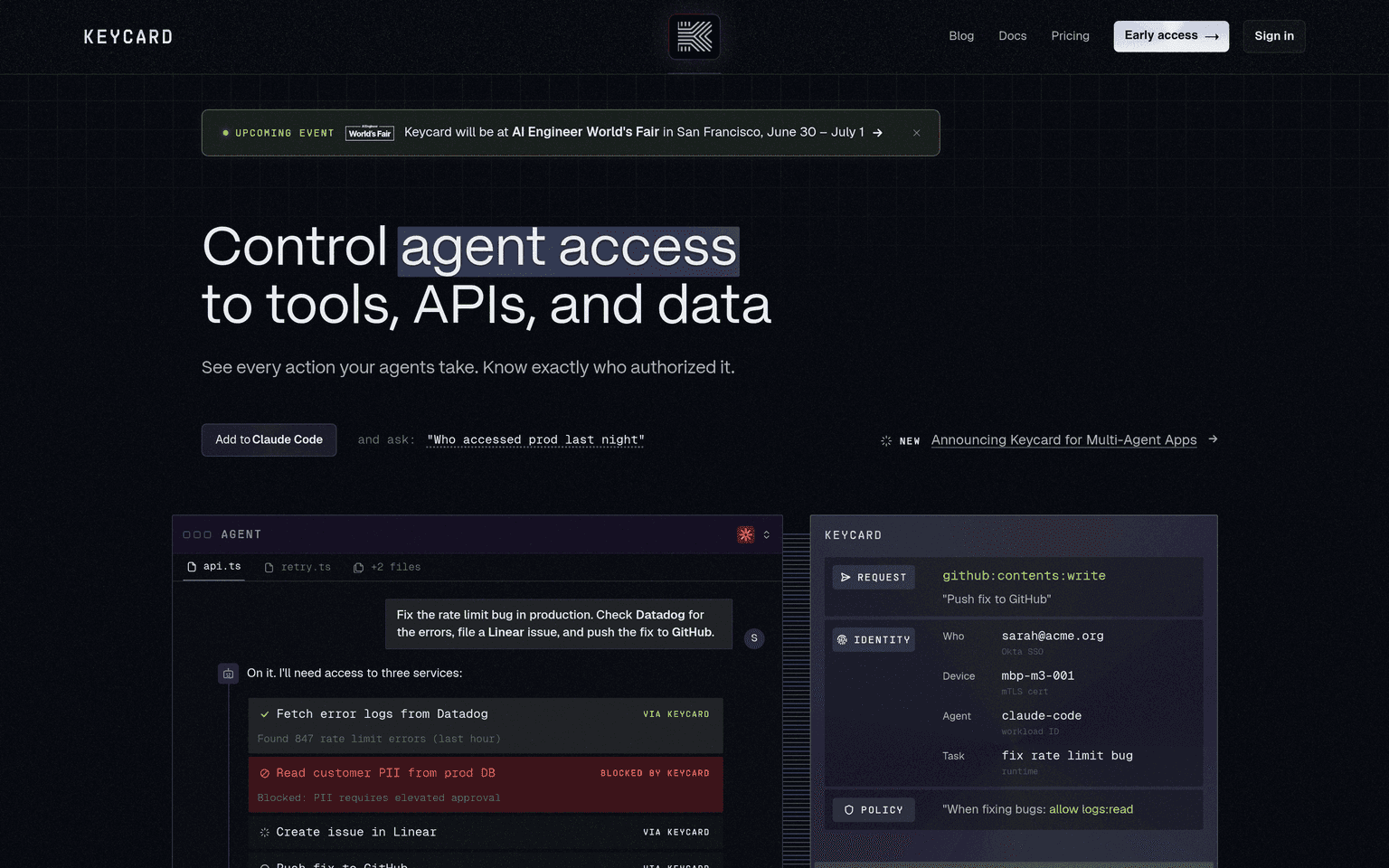 Keycard product interface dashboard screenshot homepage view