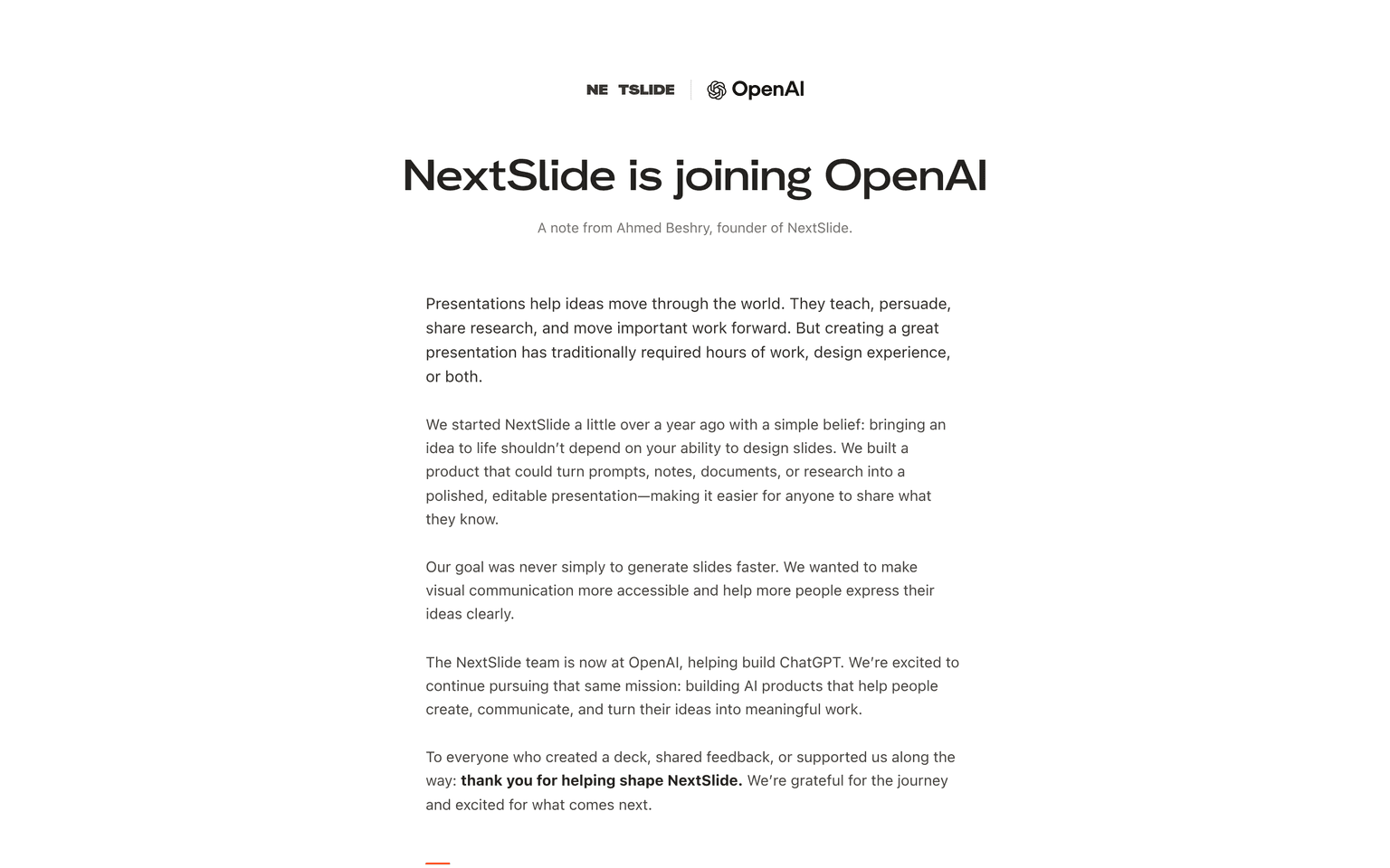 NextSlide website showing the note announcing the company is joining OpenAI