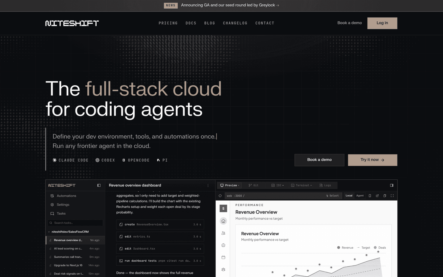 Niteshift product interface dashboard screenshot homepage view