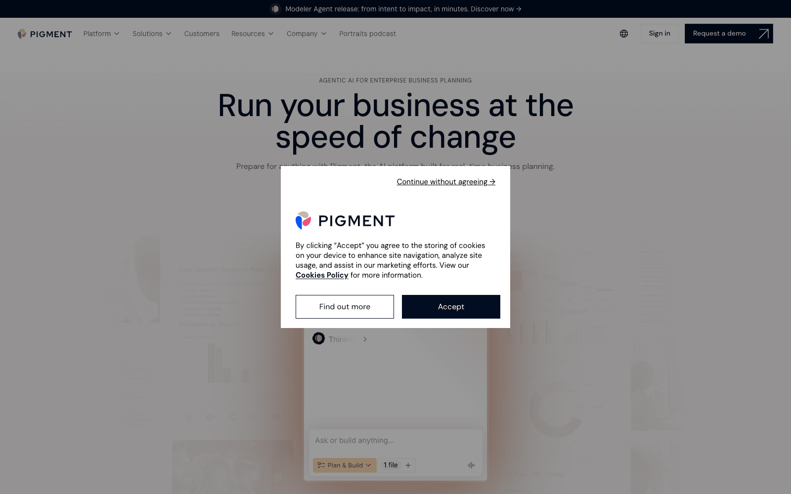 Pigment product homepage screenshot showing the interface and branding