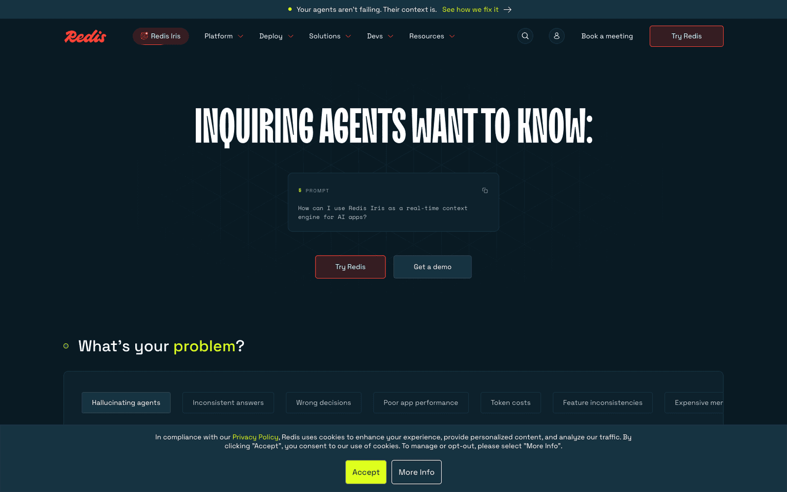 Redis product homepage screenshot showing the interface and branding