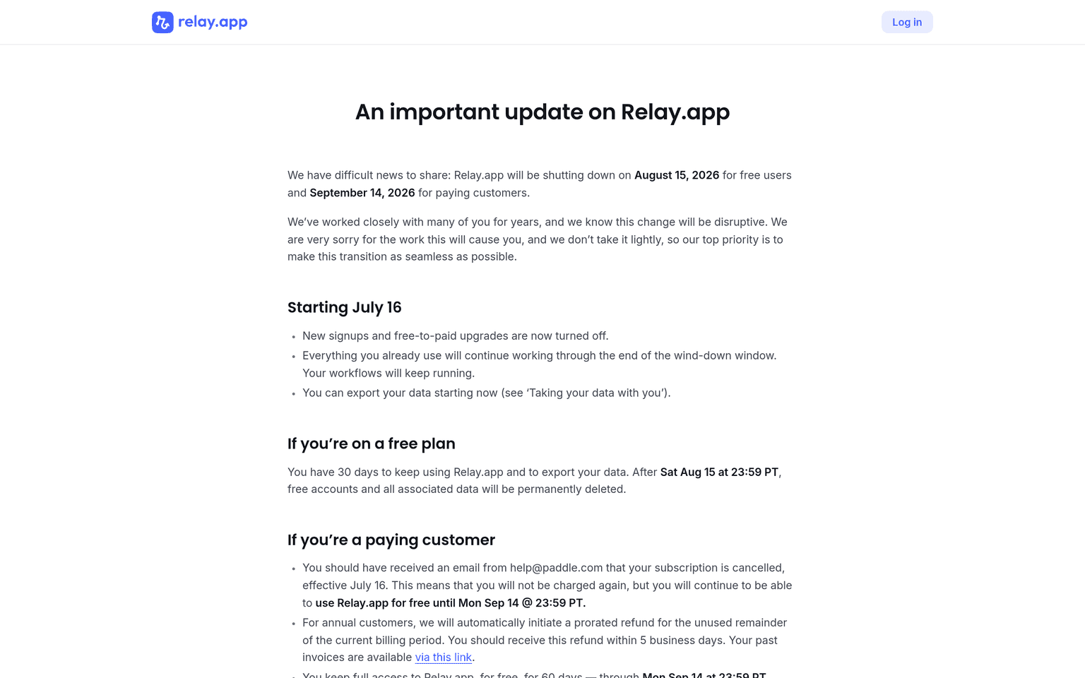 Relay.app website showing the shutdown notice published in July 2026