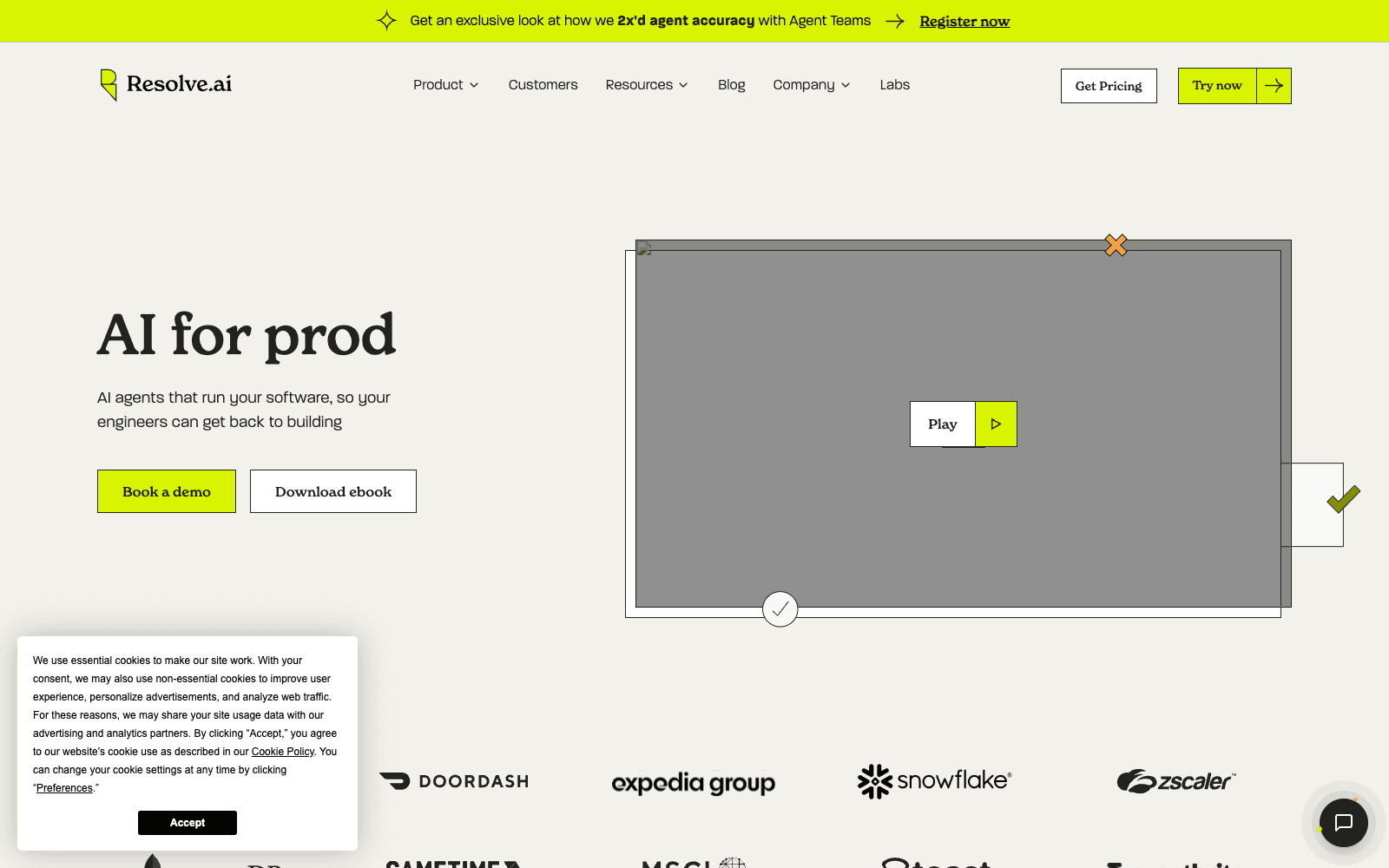 Resolve AI product homepage screenshot showing the interface and branding