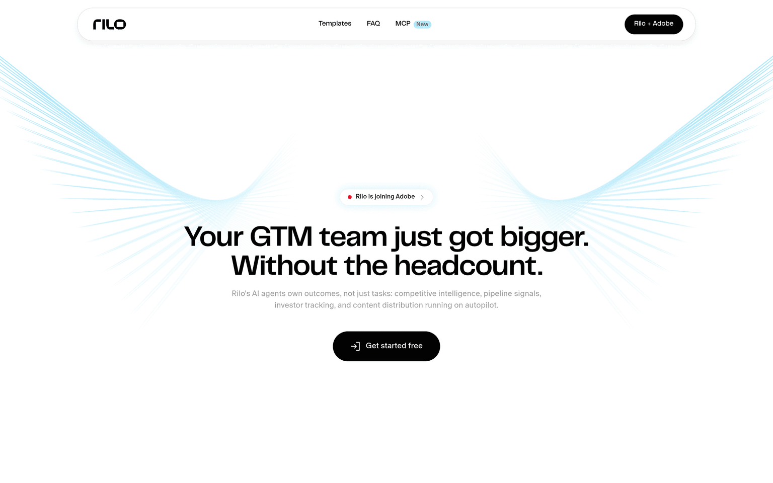 Rilo website showing AI agents for go-to-market teams and the Adobe banner