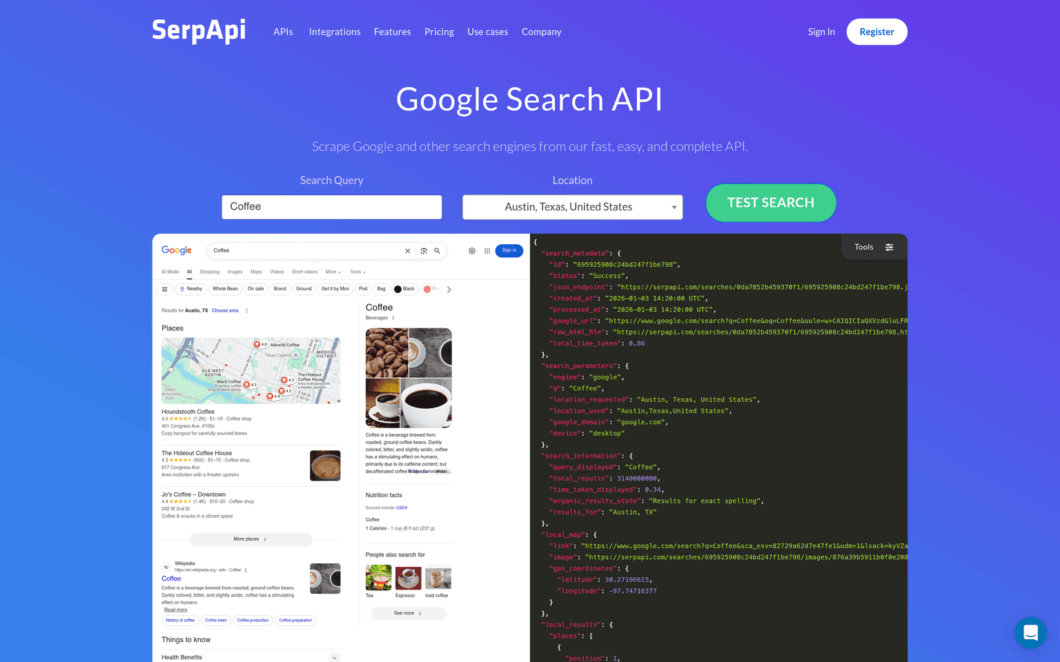 SerpApi product interface dashboard screenshot homepage view
