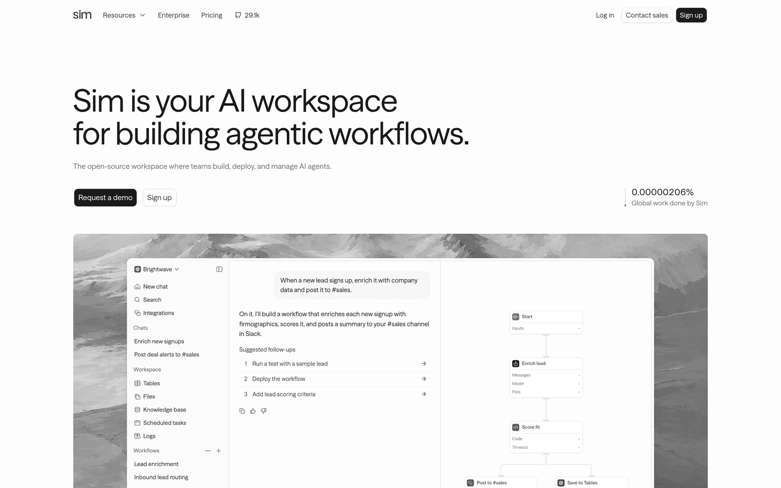Sim AI product interface dashboard screenshot homepage view