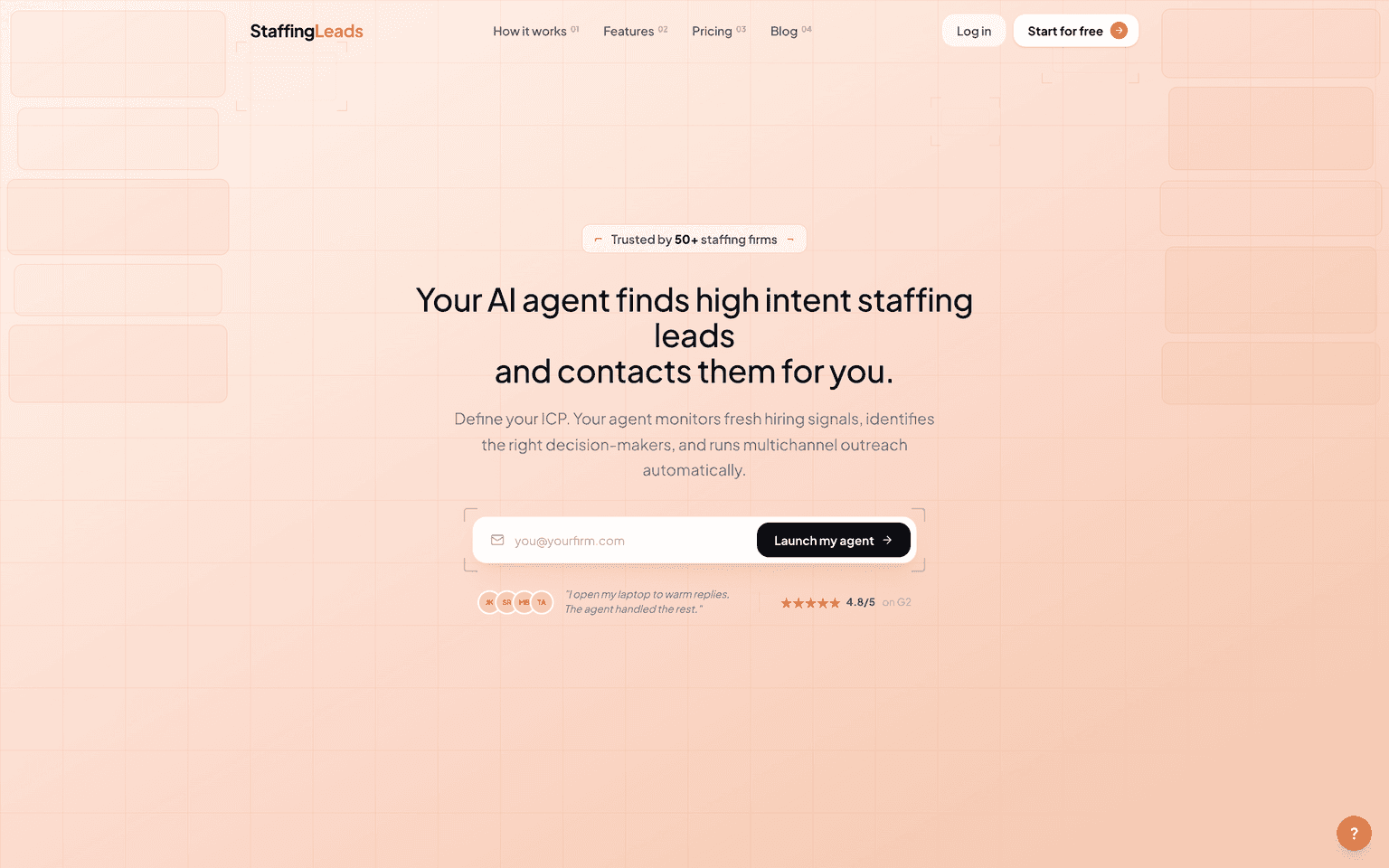 Staffing Leads landing page describing an AI agent that finds staffing leads and runs outreach