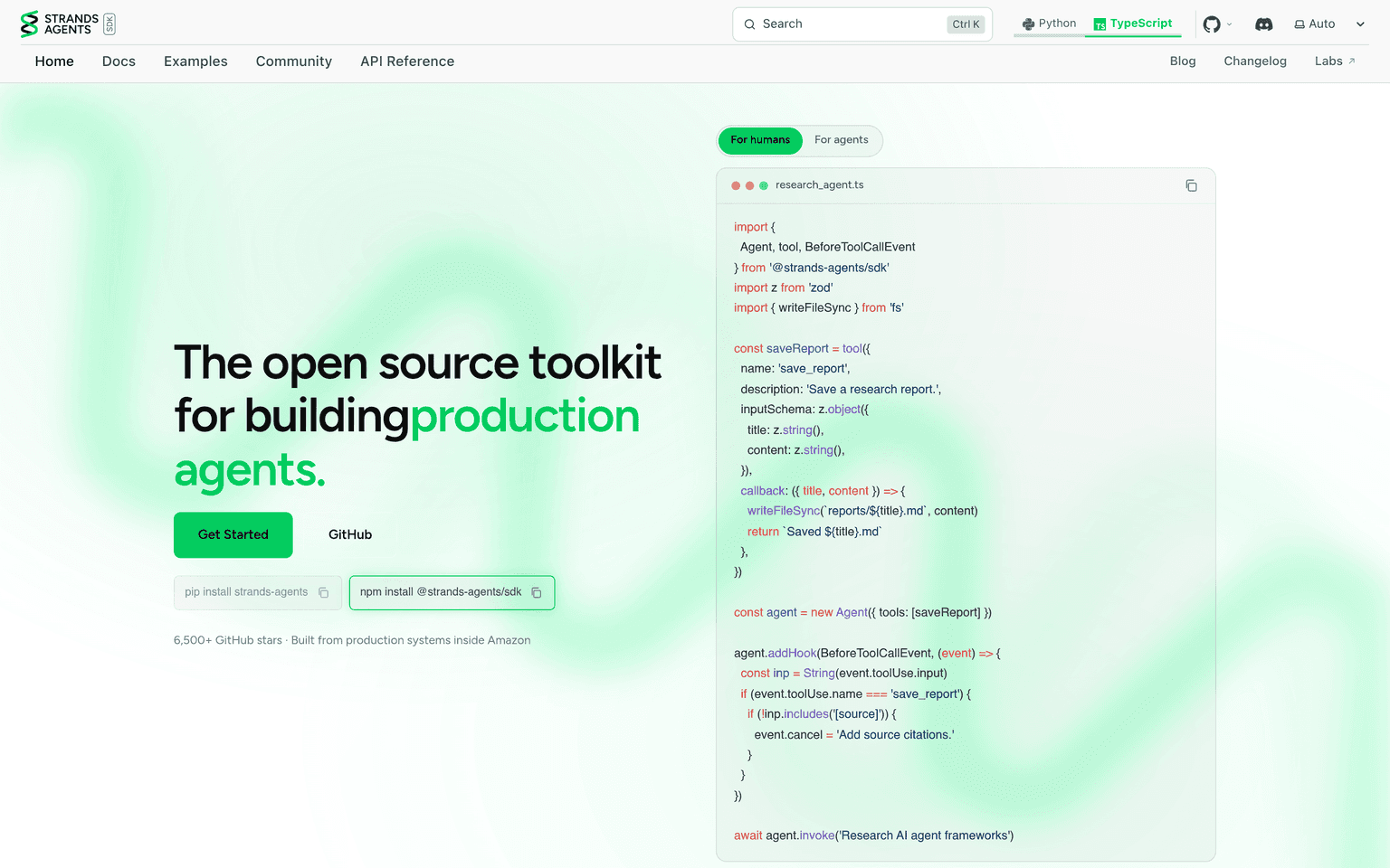 Strands Agents product interface dashboard screenshot homepage view