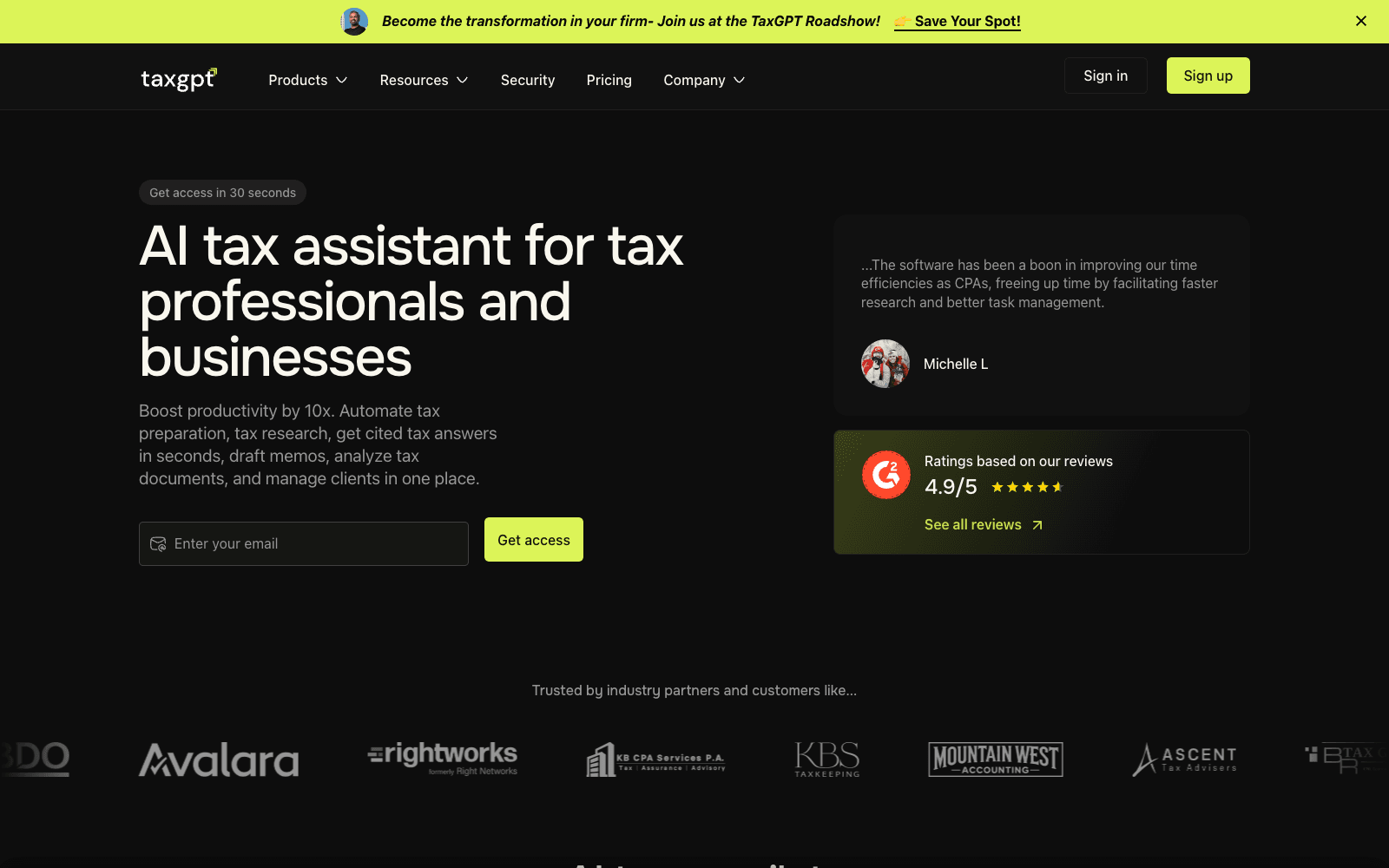 TaxGPT homepage screenshot showing the product interface and branding