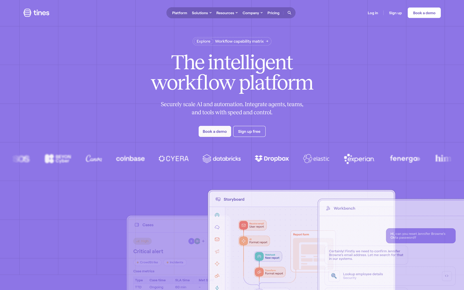 Tines product interface dashboard screenshot homepage view