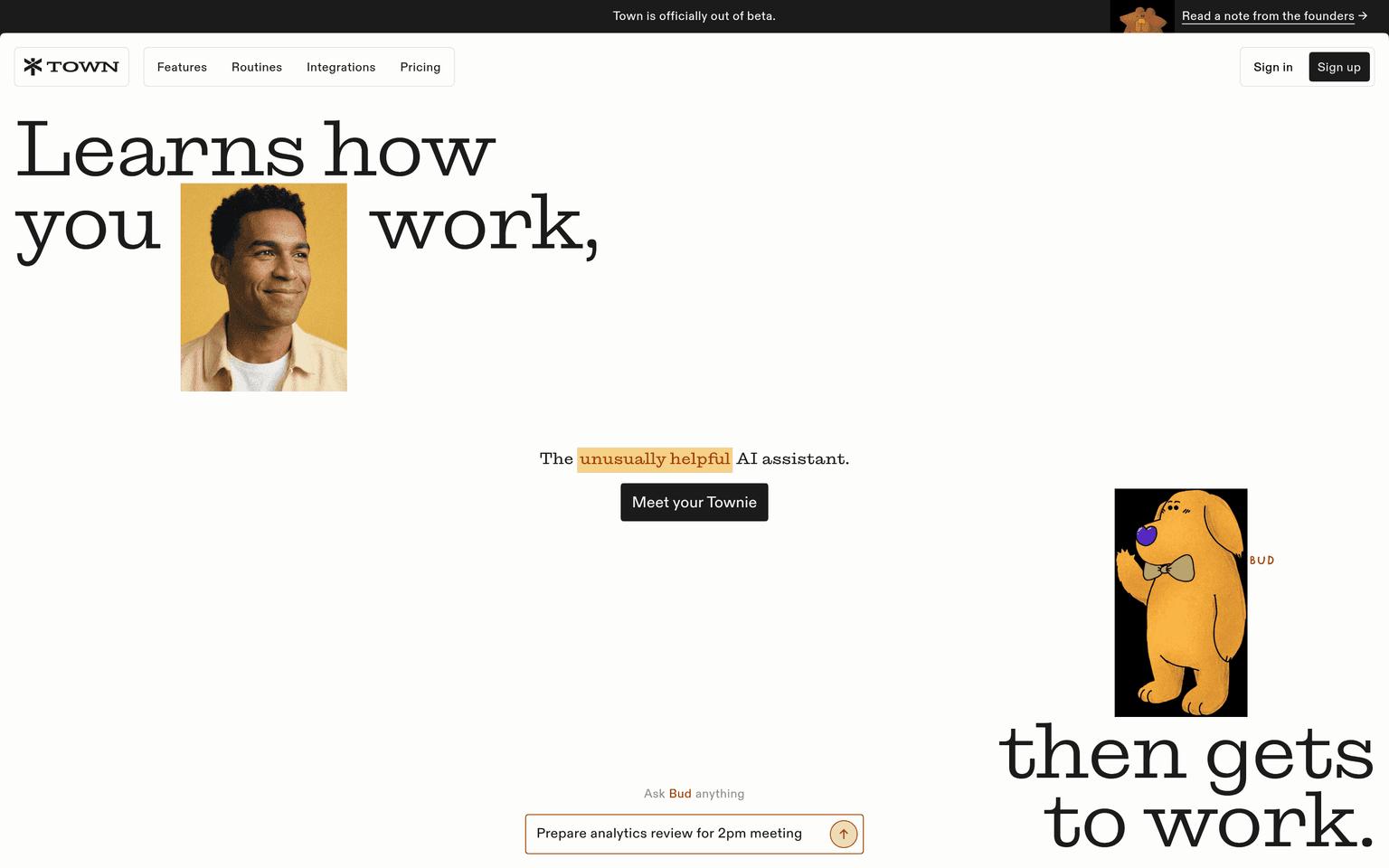 Town product interface dashboard screenshot homepage view