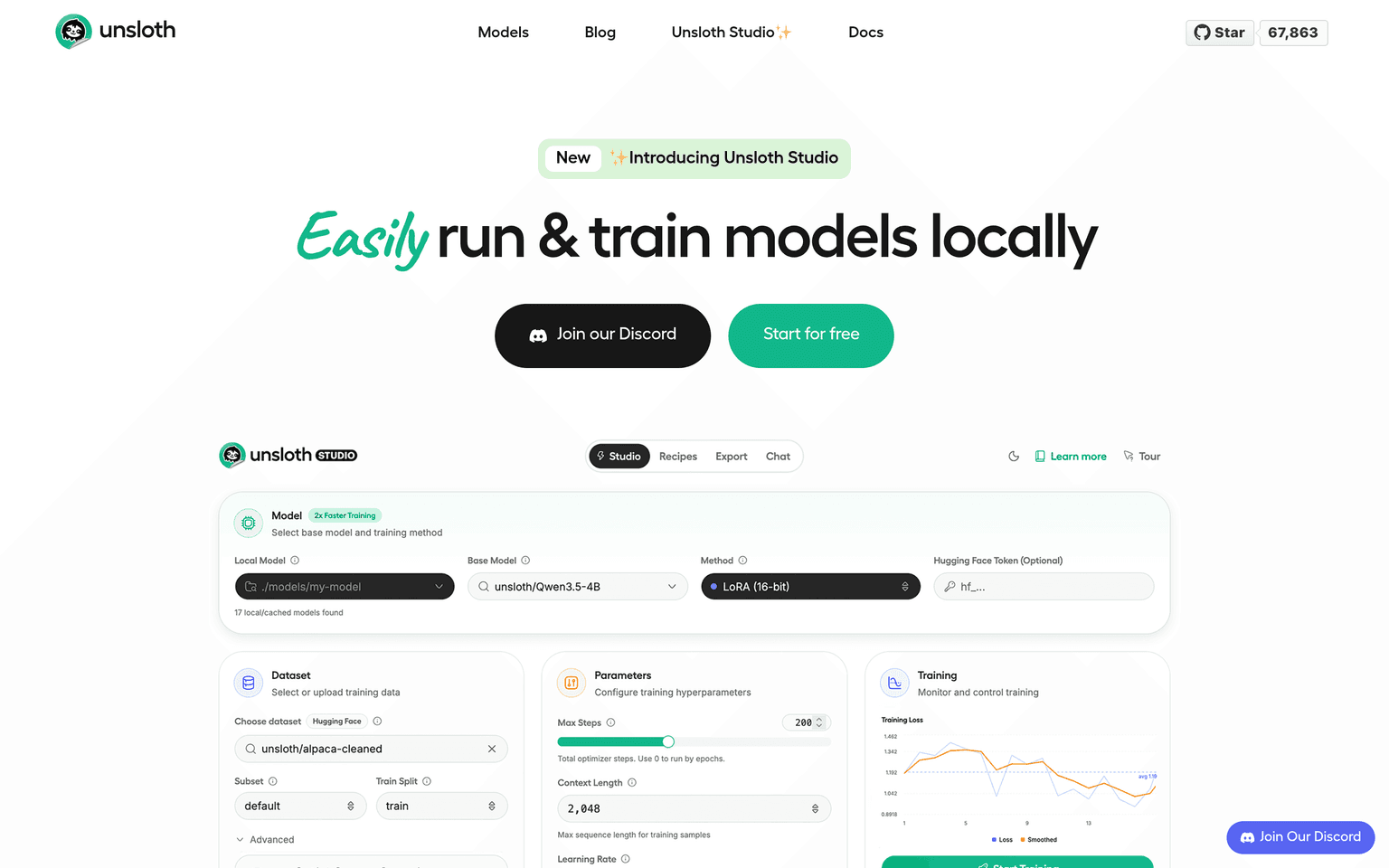 Unsloth product interface dashboard screenshot homepage view