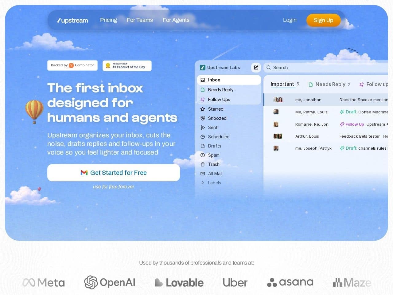 Upstream product interface dashboard screenshot homepage view