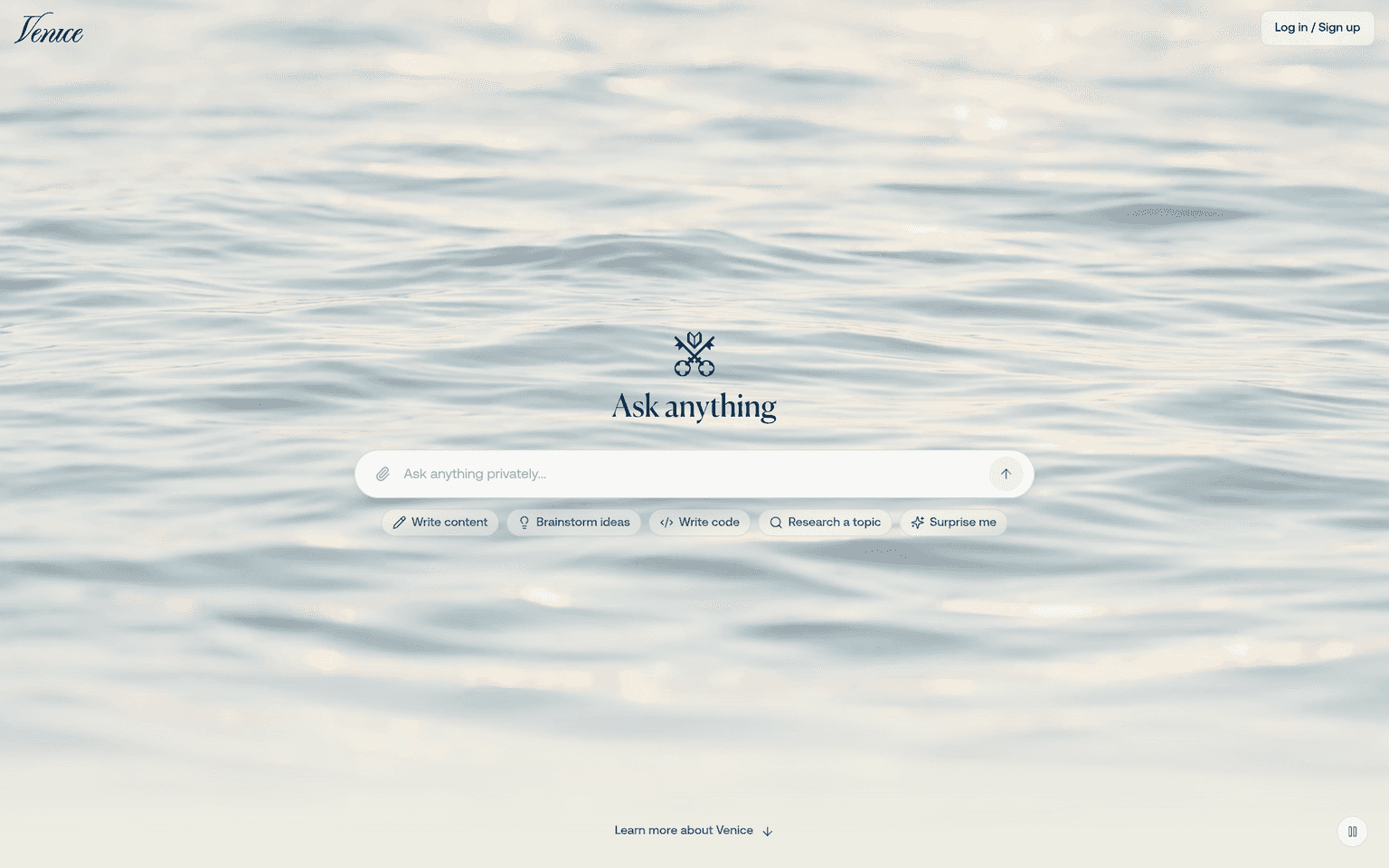 Venice AI product interface dashboard screenshot homepage view