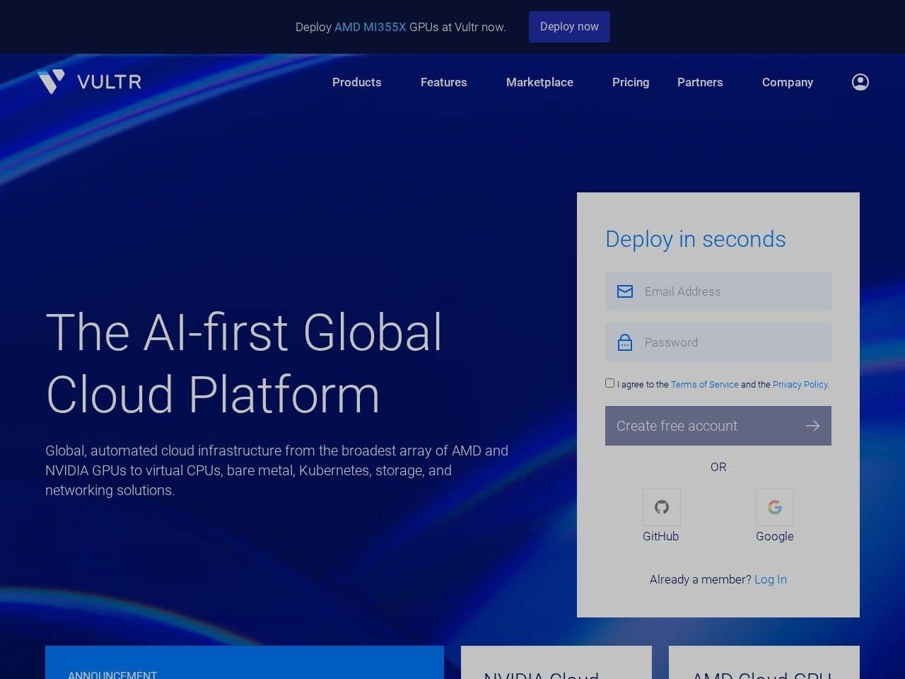 Vultr product interface dashboard screenshot homepage view